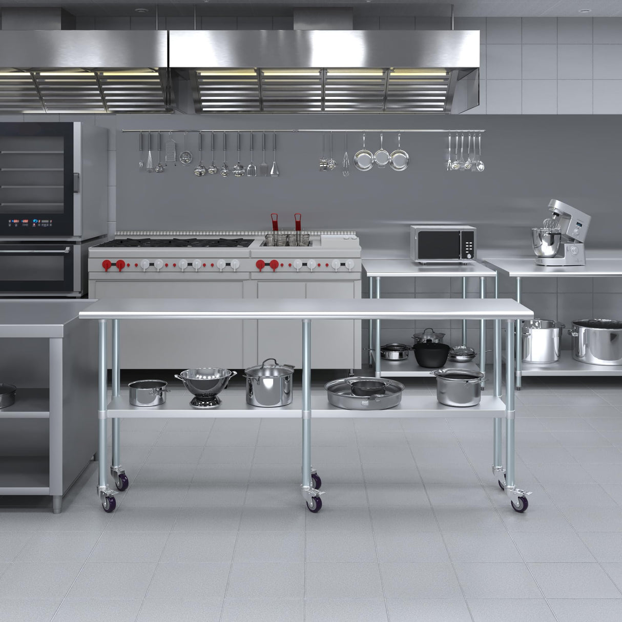 AmGood 18 in. x 84 in. Stainless Steel Work Table with Wheels | Metal Kitchen Food Prep Table | NSF