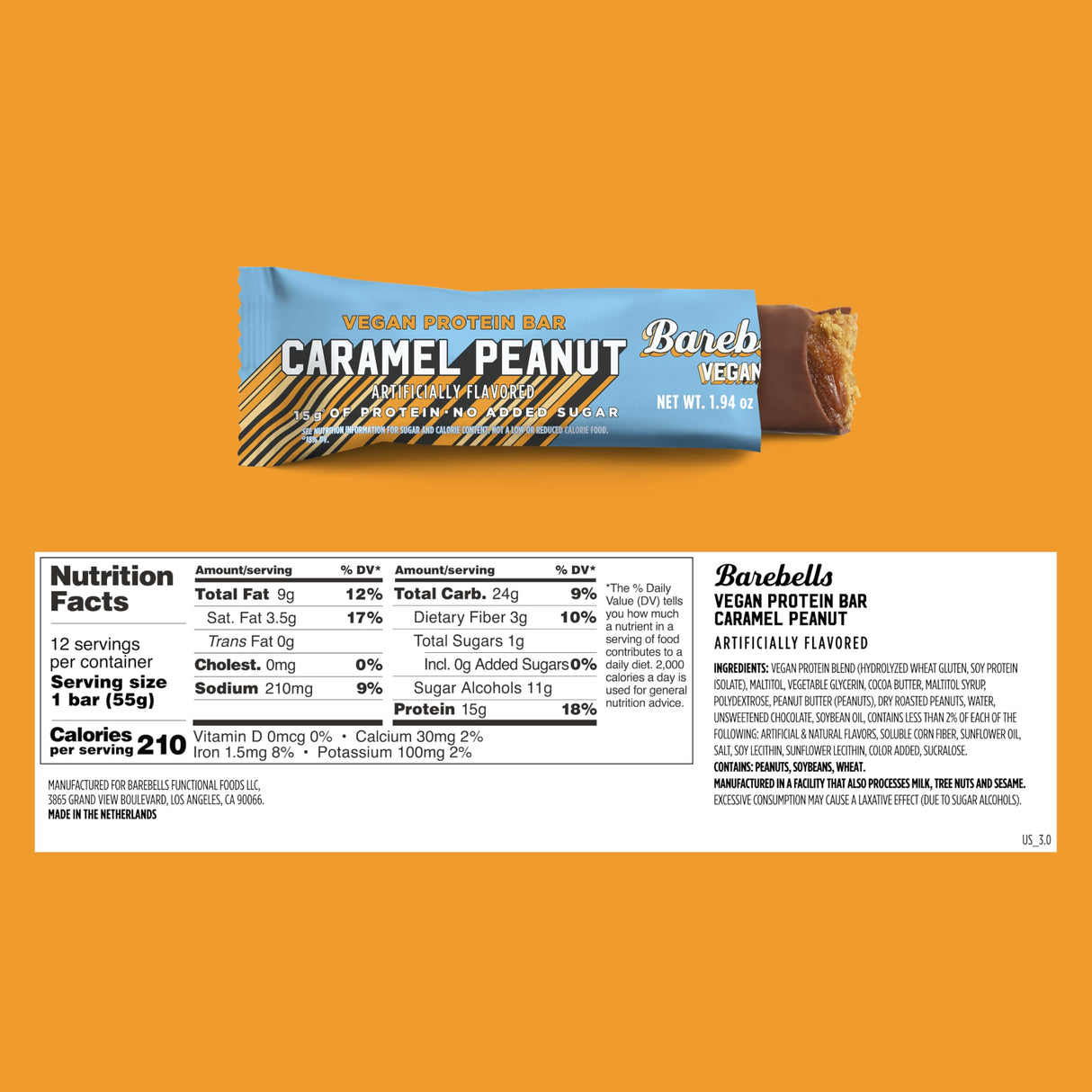 Barebells Plant Based Protein Bars, Peanut Caramel – 24 bars (2 Packs of 12) - 15g of Plant-Based High Protein Treats – Vegan Chocolate Nutrition Bar with 1g Total Sugar - On The Go Breakfast or Post-Workout Snack