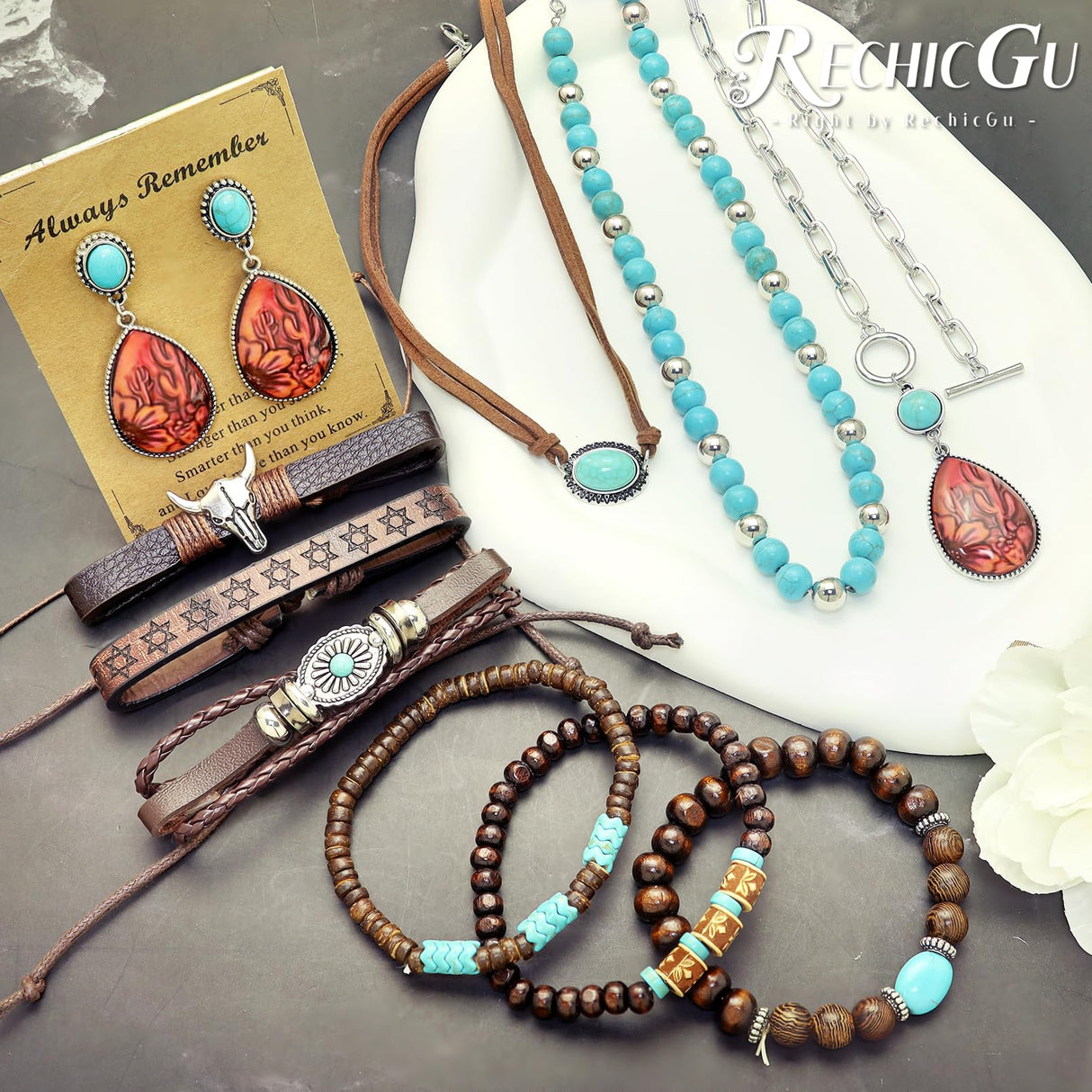 RechicGu Western Jewelry For Women Bohemian Turquoise Dangle Earrings Necklace Bracelet Set, Bullhead Pendant Layered Choker Boho Faux Leather Wristband Country Concert Cowgirl Accessories Cactus E