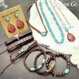 RechicGu Western Jewelry For Women Bohemian Turquoise Dangle Earrings Necklace Bracelet Set, Bullhead Pendant Layered Choker Boho Faux Leather Wristband Country Concert Cowgirl Accessories Cactus E