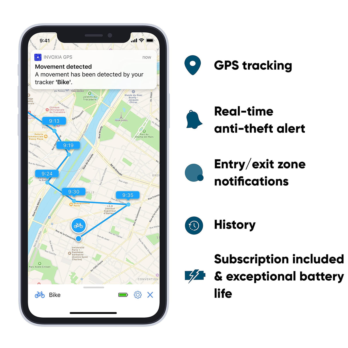 Invoxia Bike Tracker – Anti-Theft GPS Bike Tracker – Bike Reflector with Real-Time Alerts – 3-Year Subscription Included – Up to 3 Months of Battery Life – Discreet and Light – Waterproof