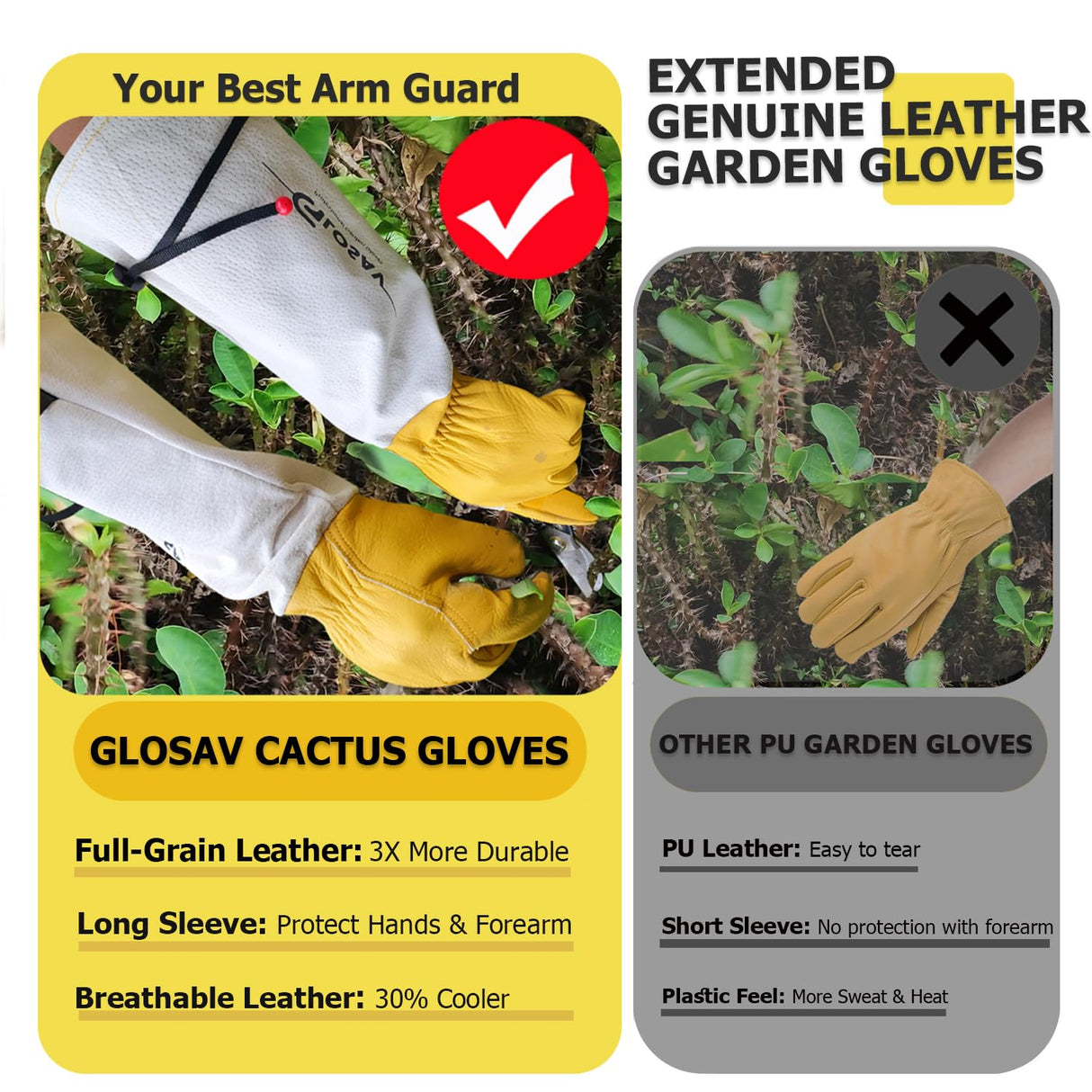 GLOSAV Cactus Garden Gloves- Real Puncture Proof, Thorn proof, Women & Men, Long Leather, Heavy Duty, Great for Gardening, Rose Pruning, Cacti Trimming, Weeding, Pull Thistle, Plant (Large)