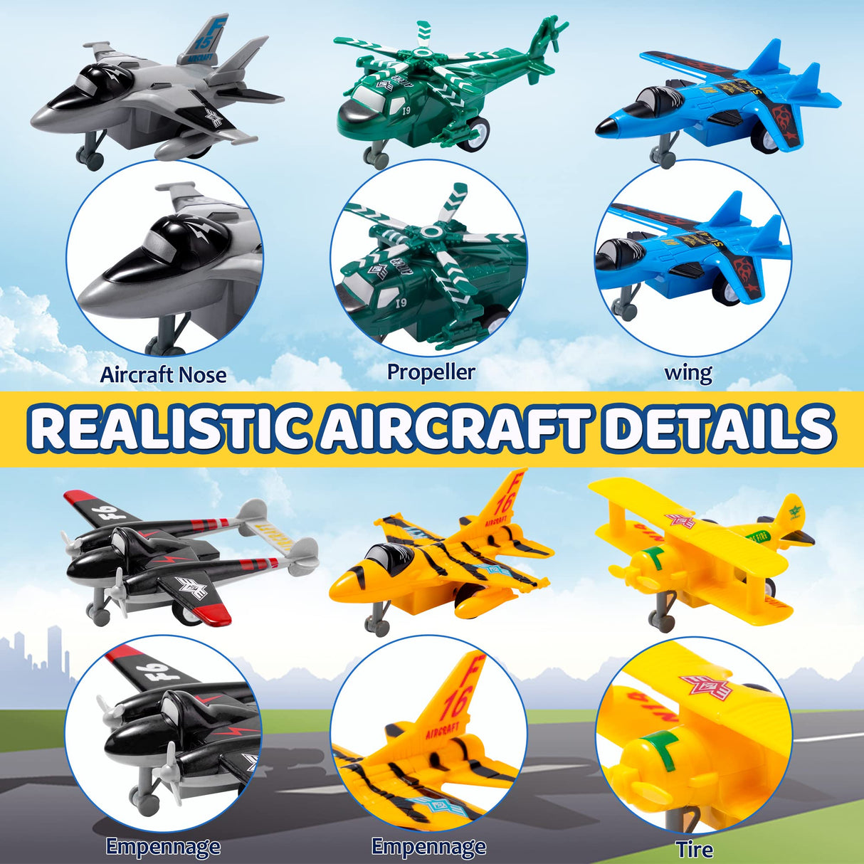 JOYIN 16 Pcs Pull Back Airplane Toys, Boys Plane Playset, Aircraft Incl Helicopter, Fighter, Bomber, Gifts for Toddler Kids 3+ Years Old, Christmas Kids Gifts, Treasure Box Toys for Classroom