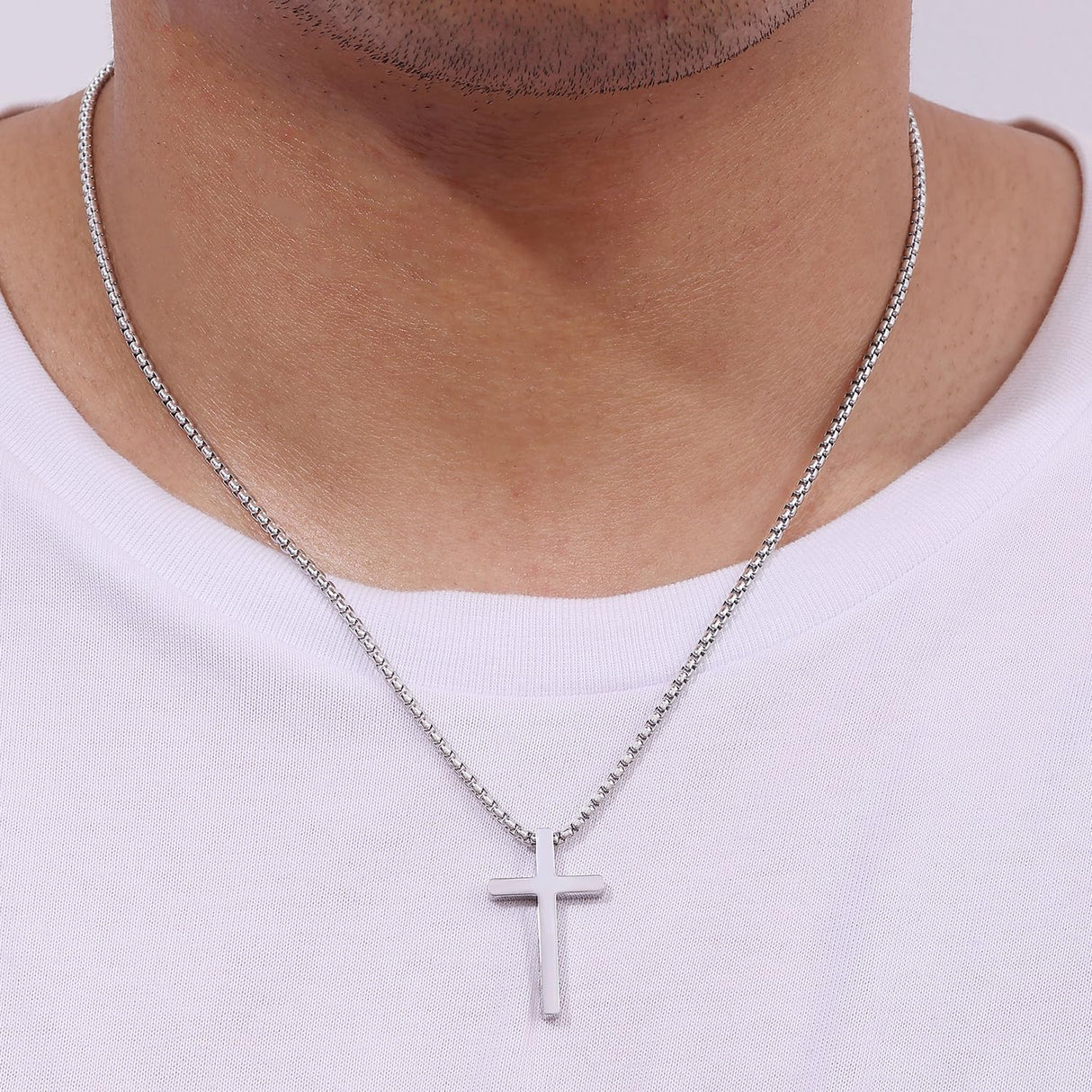 Fiusem Silver Cross Necklace for Men, Small Stainless Steel Pendant 26 Inch