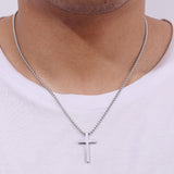 Fiusem Silver Cross Necklace for Men, Small Stainless Steel Pendant 26 Inch