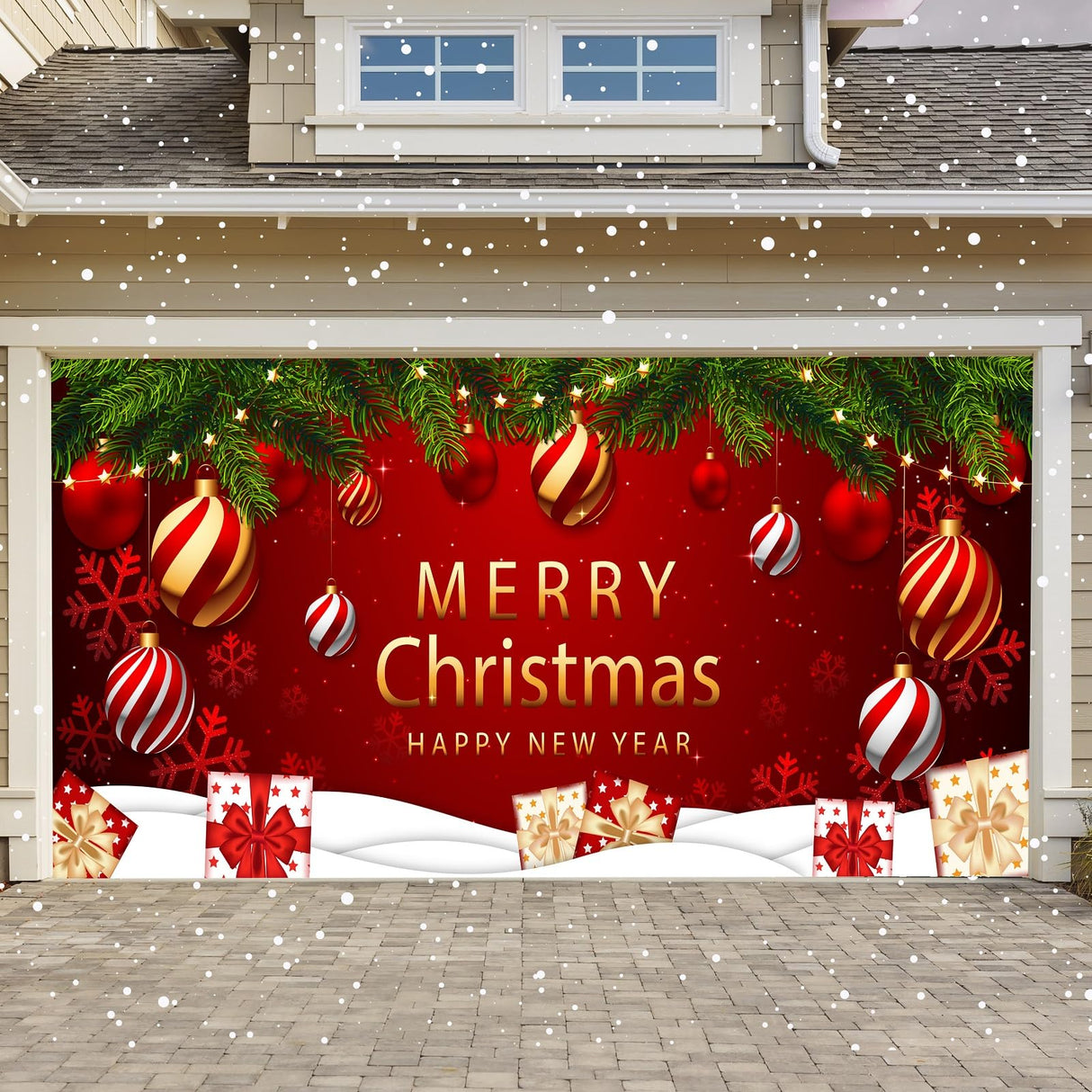 COSEVIER Christmas Garage Door Cover Banner, Red Festival Large Hanging Backdrop Door Banner, Merry Christmas Happy New Year Xmas Garage Wall Decorations for Holiday Party Décor, 7x16 FT