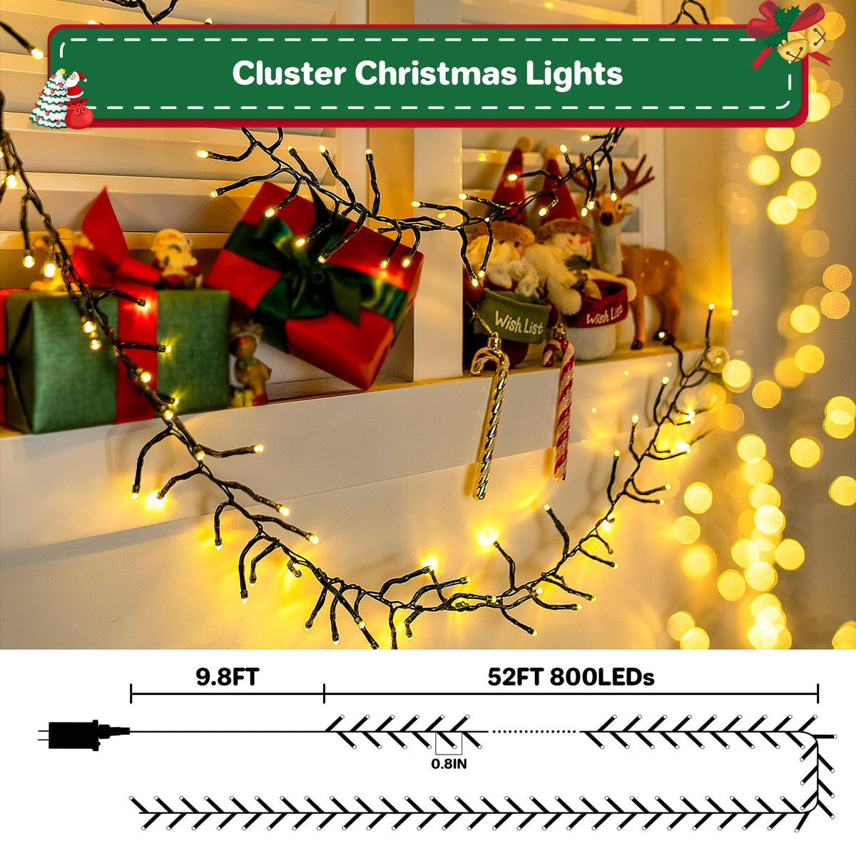 Christmas Lights Plug-in 52FT 800LEDs Cluster String Lights Indoor Outdoor