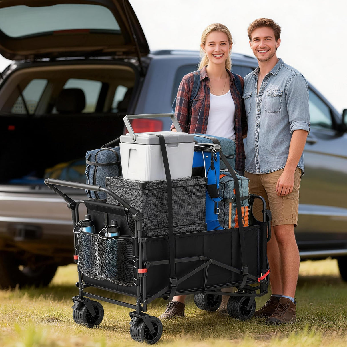 LEVELEVE Heavy Duty Folding Wagon - 2-in-1 Collapsible Cart, 650lb Capacity, All-Terrain Wheels w/Brakes & Side Pockets