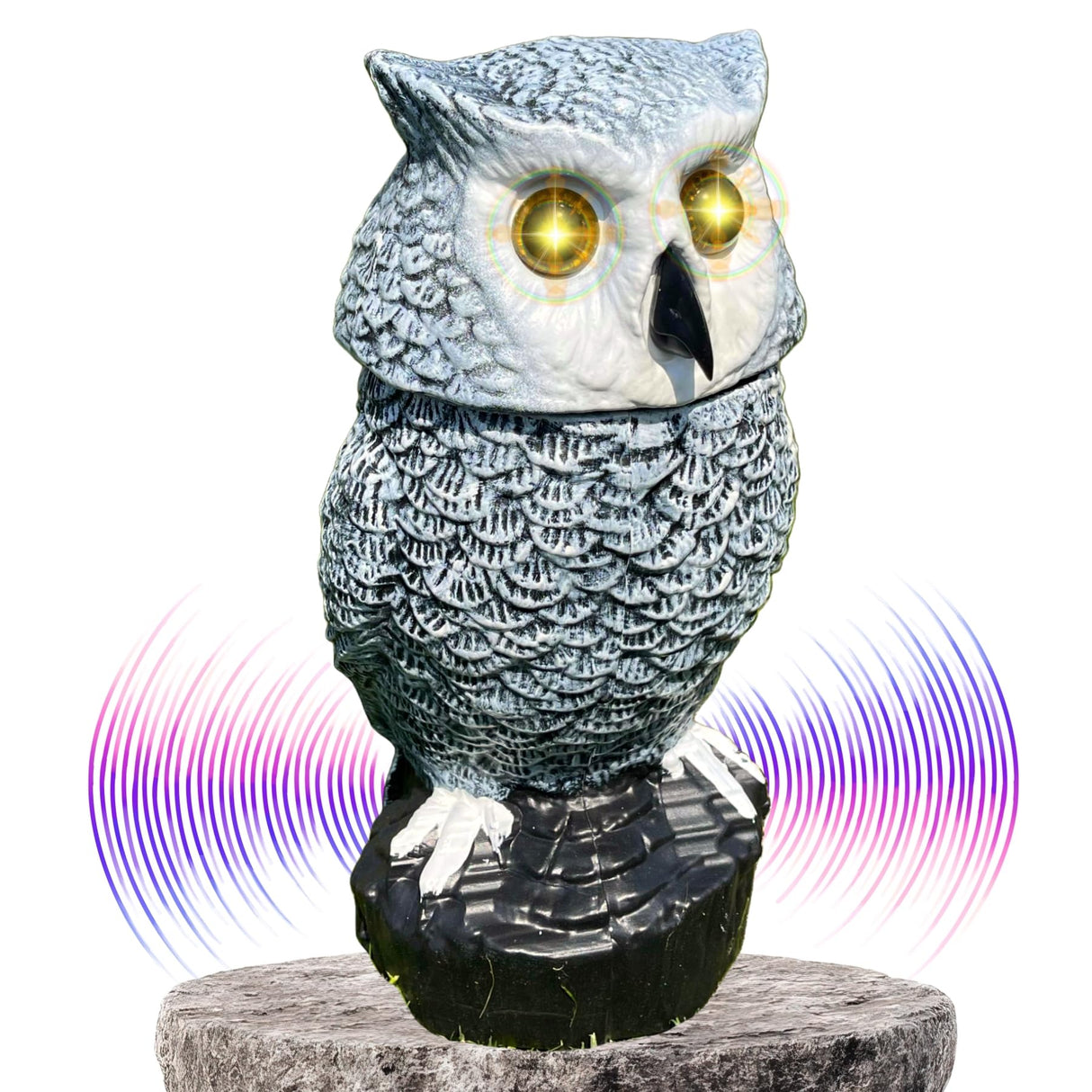 Owlery Snowy Solar Owl With Motion Detector, Flashing Eyes, Spinning Head, Realistic Hooting and Silent Mode, Outdoor Statue, Winter Garden Decoration for Home, Patio and Fence