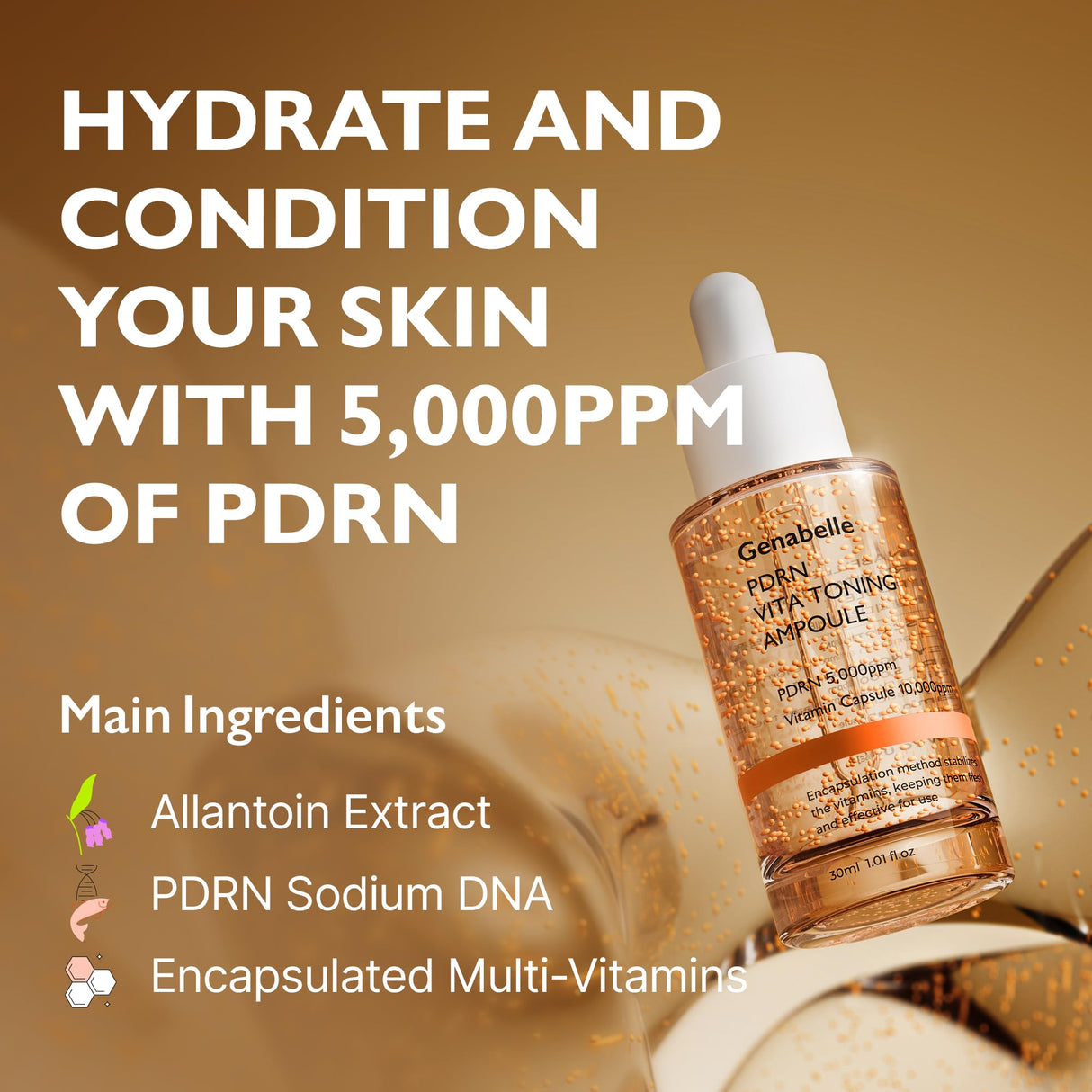 PDRN Vita Toning Ampoule - Lightweight Glass Skin & Toning Ampoule with Vitamin B, C, E, PDRN, Serum for Blemishes, Fine Lines and Rough Skin Texture, 1.01 fl oz