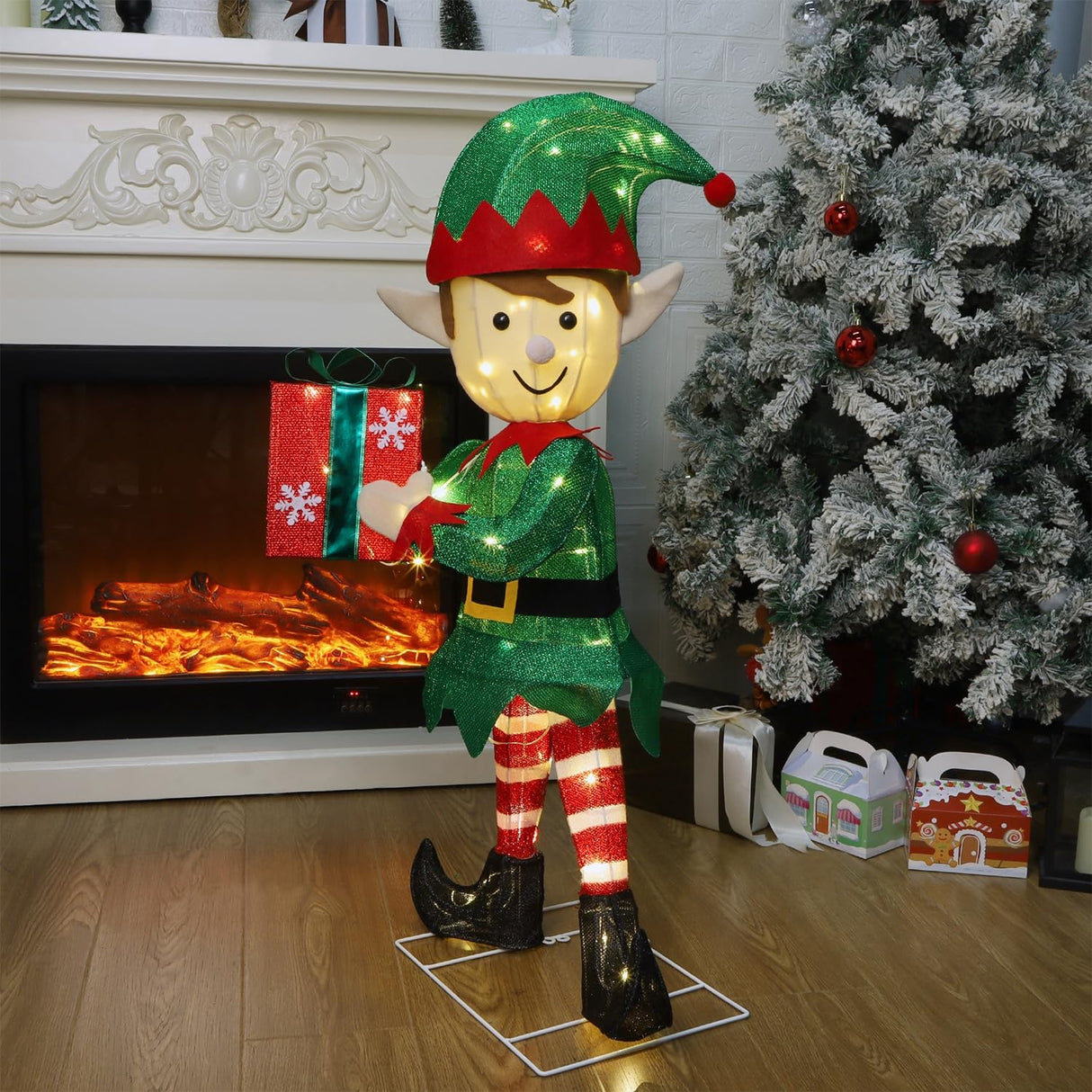 Hausse Lighted Christmas Outdoor Decor, 38" Height Pre-Lit 3D Tinsel Xmas Green Elf Figure, Light Up Xmas Yard Displays, Plug in for Holiday Party New Year Winter Patio Lawn Garden