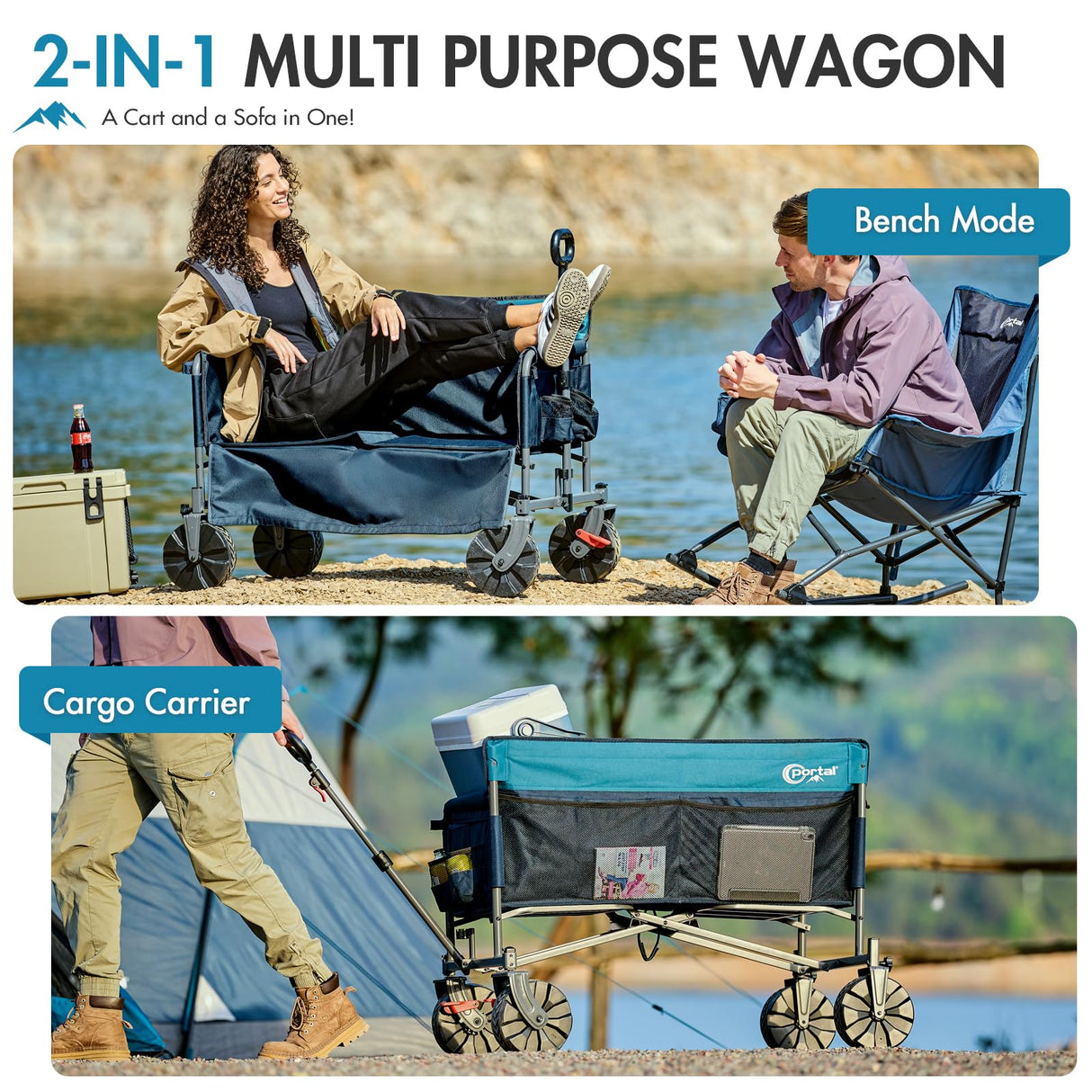 Portal 3-in-1 500lbs Utility Wagon Turn to Bench Seat,Wagon with Love-Seat for 2 Adults,Foldable Beach Wagon Chair with Adjustable Handle &Wheels Brake, Suitable for Groceries, Beach, Sports, Camping