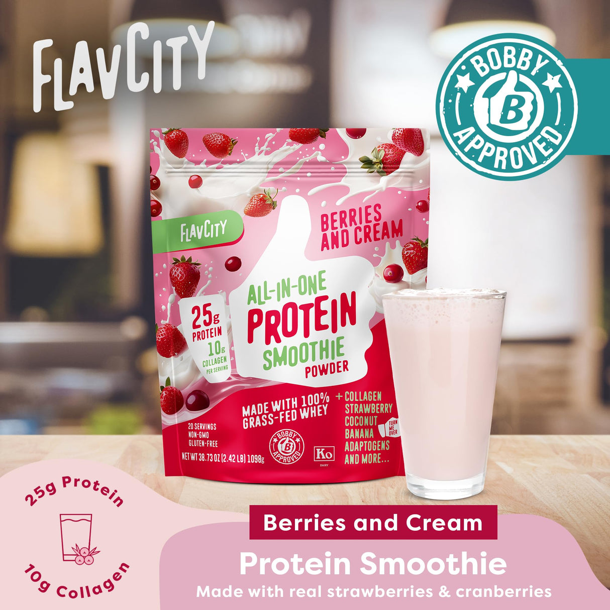 FlavCity Protein Powder Smoothie, Berries & Cream - 100% Grass-Fed Whey with Collagen (25g of Protein) - Gluten Free & No Added Sugars (38.73 oz)