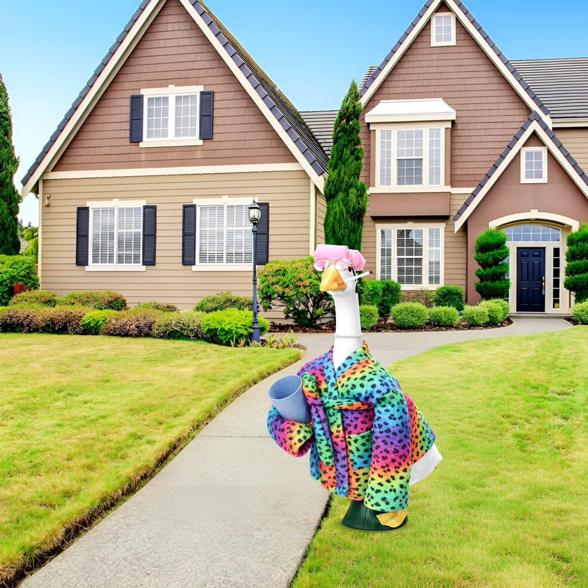 Sunnymove 23 Inch Porch Goose Statue Outfits Set Neon Rainbow Leopard Porch Goose Bathrobe Costumes with Clothes & Accessories for Patio Yard Garden Lawn Outdoor Decoration