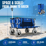 Navatiee 260L Beach Wagon with Extended Tailgate, 440lbs Heavy Duty Beach Cart with 9” Big Balloon Wheels for Sand, Collapsible Folding Wagon with Side Pocket for Outdoor, Blue