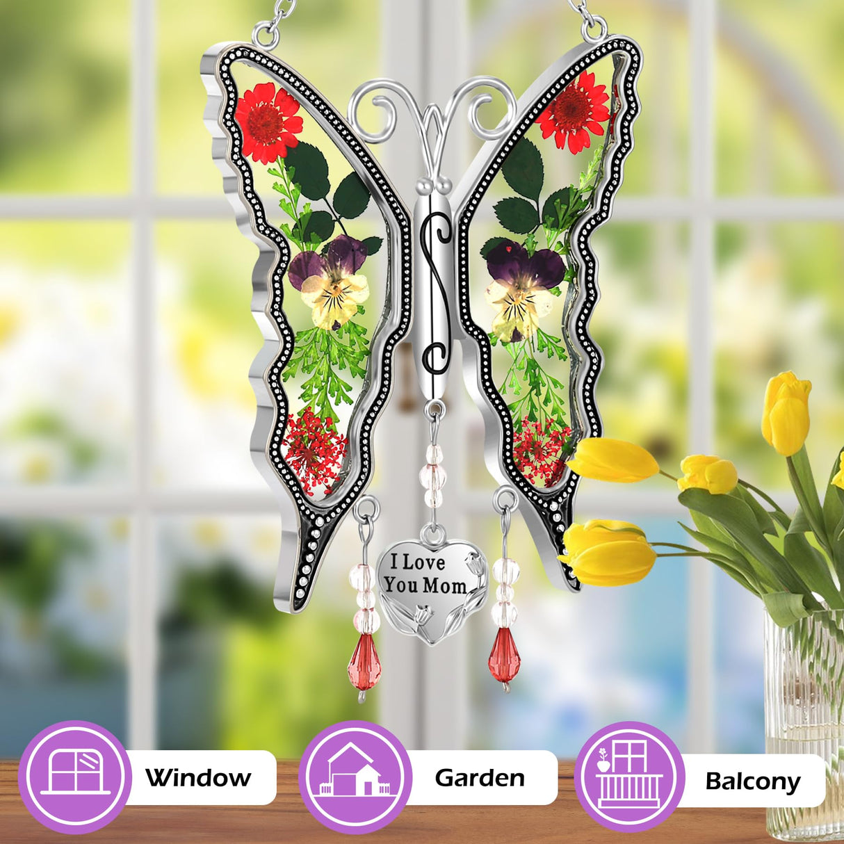 KY&BOSAM Butterfly Suncatcher Pressed Flower Stained Glass Window Hanging