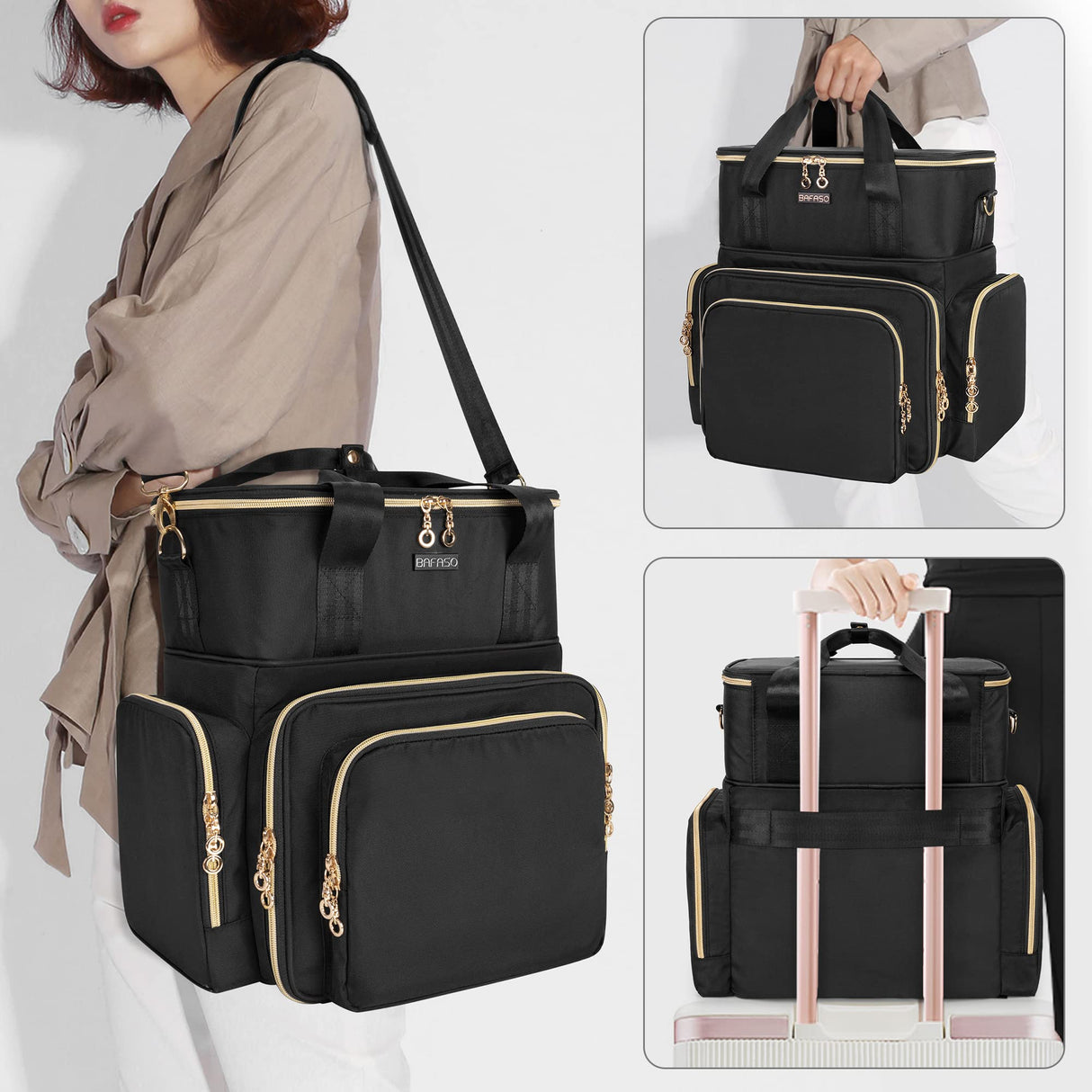 BAFASO Double Layer Nail Polish Organizer Holds 70 Bottles (15ml - 0.5 fl.oz) and a Nail Dryer, Nail Polish Case with 2 Removable Pouches and Tools Storage Sections (Patented), Black