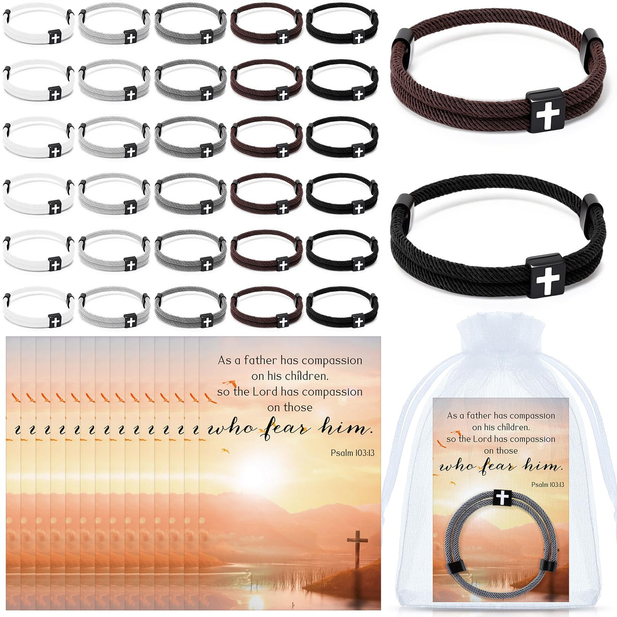 Tondiamo 20 Set Fathers Day Bracelet Gift for Church Cross Christian Adjustable Jesus Wristband Religious Blessed Dad Bible Verse Scripture Cards Organza Bag Basket Stuffers for Dad (Braided Style)