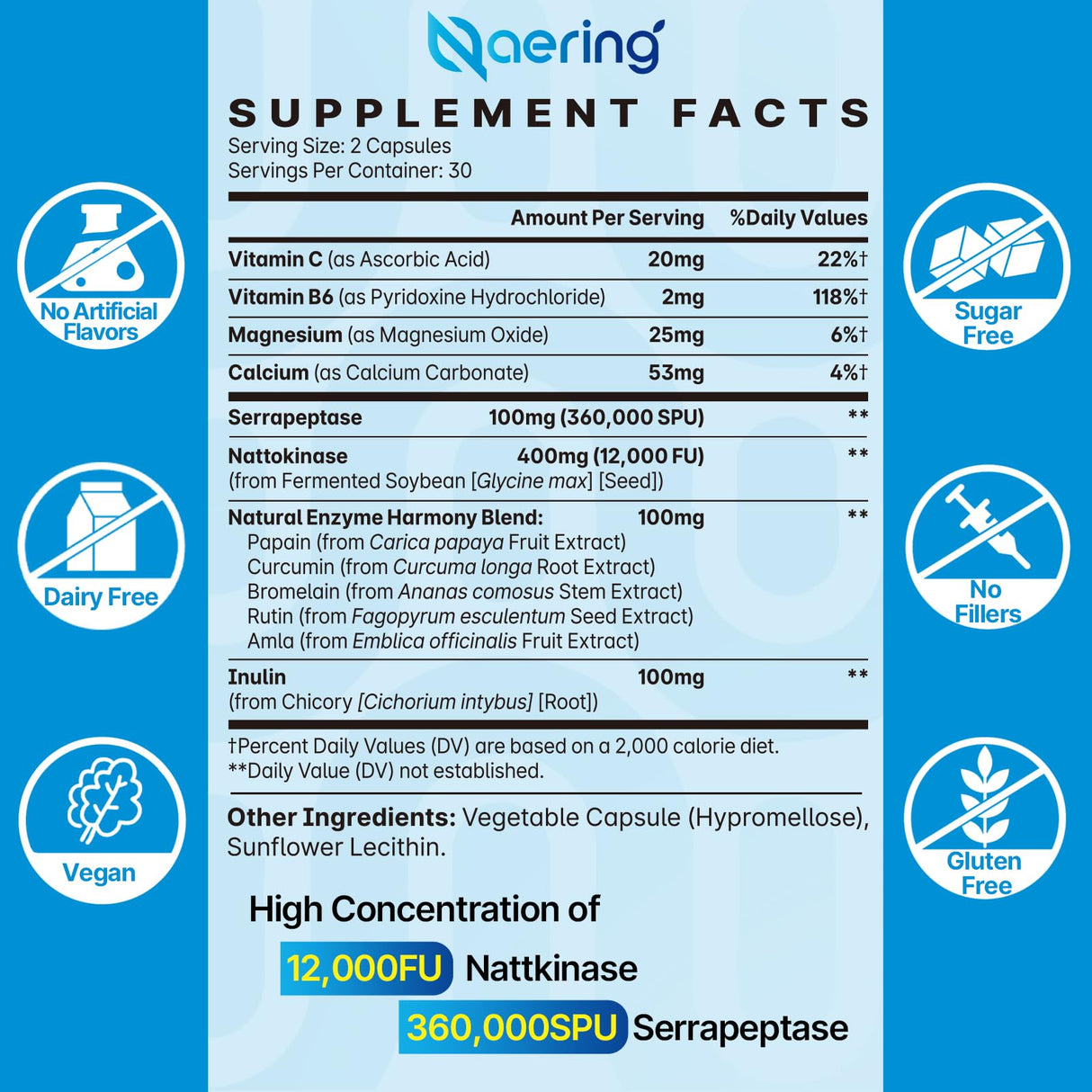 Liposomal Nattokinase 12,000 FU Serrapeptase 360,000 SPU Enzyme Supplement - Enriched with Synergistic Enzymes and Nutrient Blend & Inulin for Circulatory, Gut, Digestion 60 Capsules (2 Bottle)