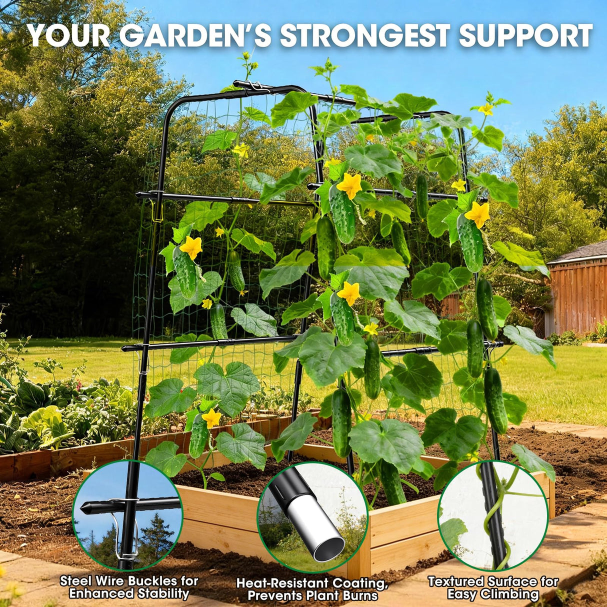 Cucumber Trellis for Raised Bed and Garden, 47" H x 31" W U-Shaped Metal Garden Trellis for Climbing Plants with Nylon Netting, Vegetable Support Frame