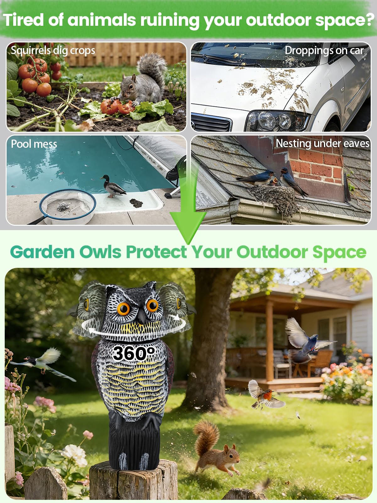 Pestvanish Owl Decoys to Scare Birds Squirrels Away, 360 Rotating Head Activated, Fake Owl Statues Repellent Pest Hawk Squirrel Cats Chickens Pigeon Bird Deterrents for Outside Garden Patios Backyard