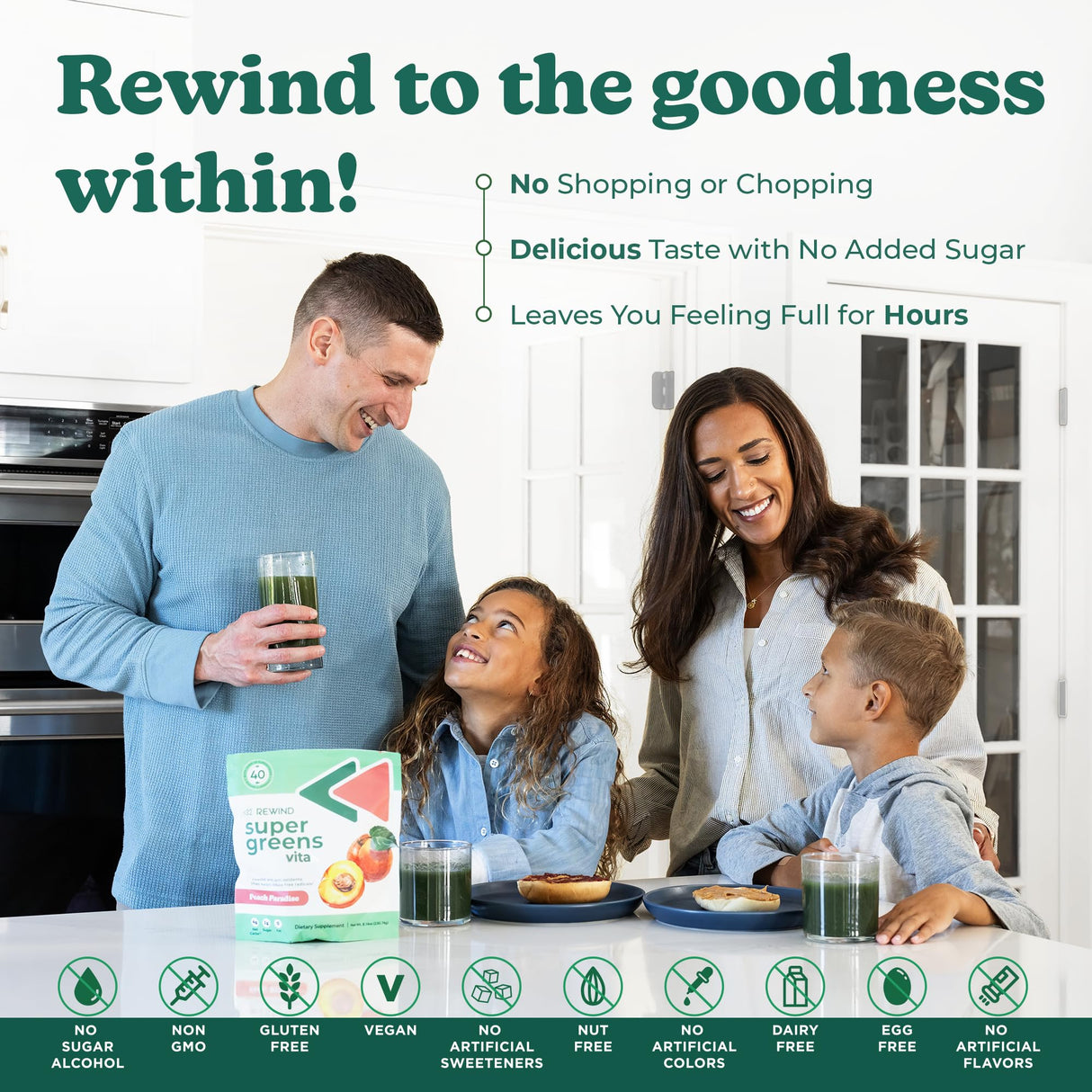 Rewind Best Tasting Super Greens Powder with 40+ Superfoods – Delicious Daily Green Powder with Vitamin B12, Zinc, Vitamin C, Magnesium & Calcium – Green Juice Superfood Mix - Blueberry Acai Flavor