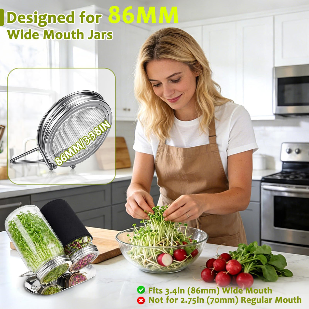 XUNWKONGG Sprouting Jar Kit, 2 Pack Sprouting Kit with Stainless Steel Screen Sprouting Lids, Glass Mason Jars & Light-Blocking Sleeves, Seed Sprouting Kit for Broccoli Sprouts, Bean Sprouts, Alfalfa
