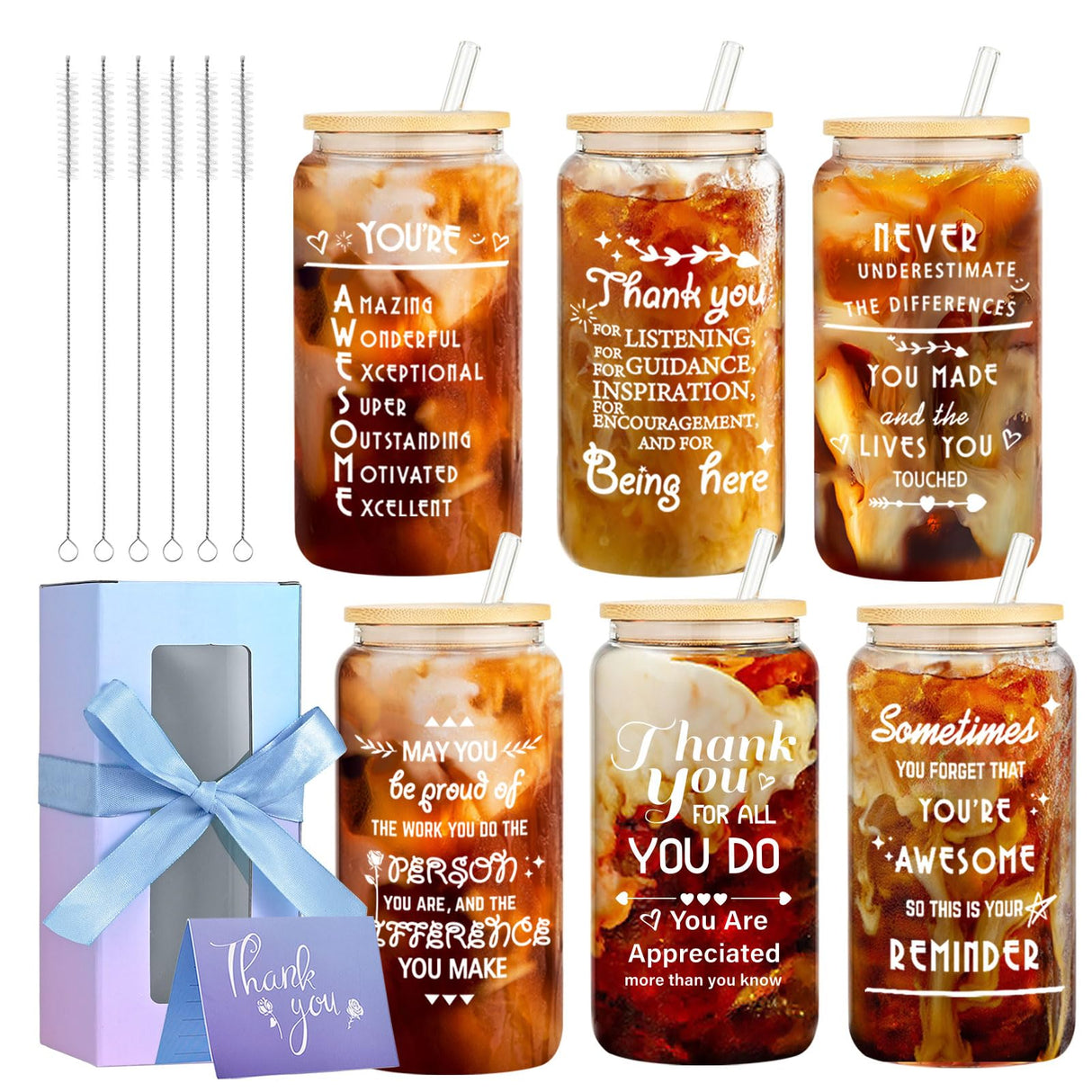 OLSUNOR 6 Set Employee Appreciation Gifts Bulk, Personalized Inspirational Thank You Gifts for Christmas Staff Coworker 16 oz Can Shaped Beer Glass Cups, Gift Box and Card for Team Women Men Teacher