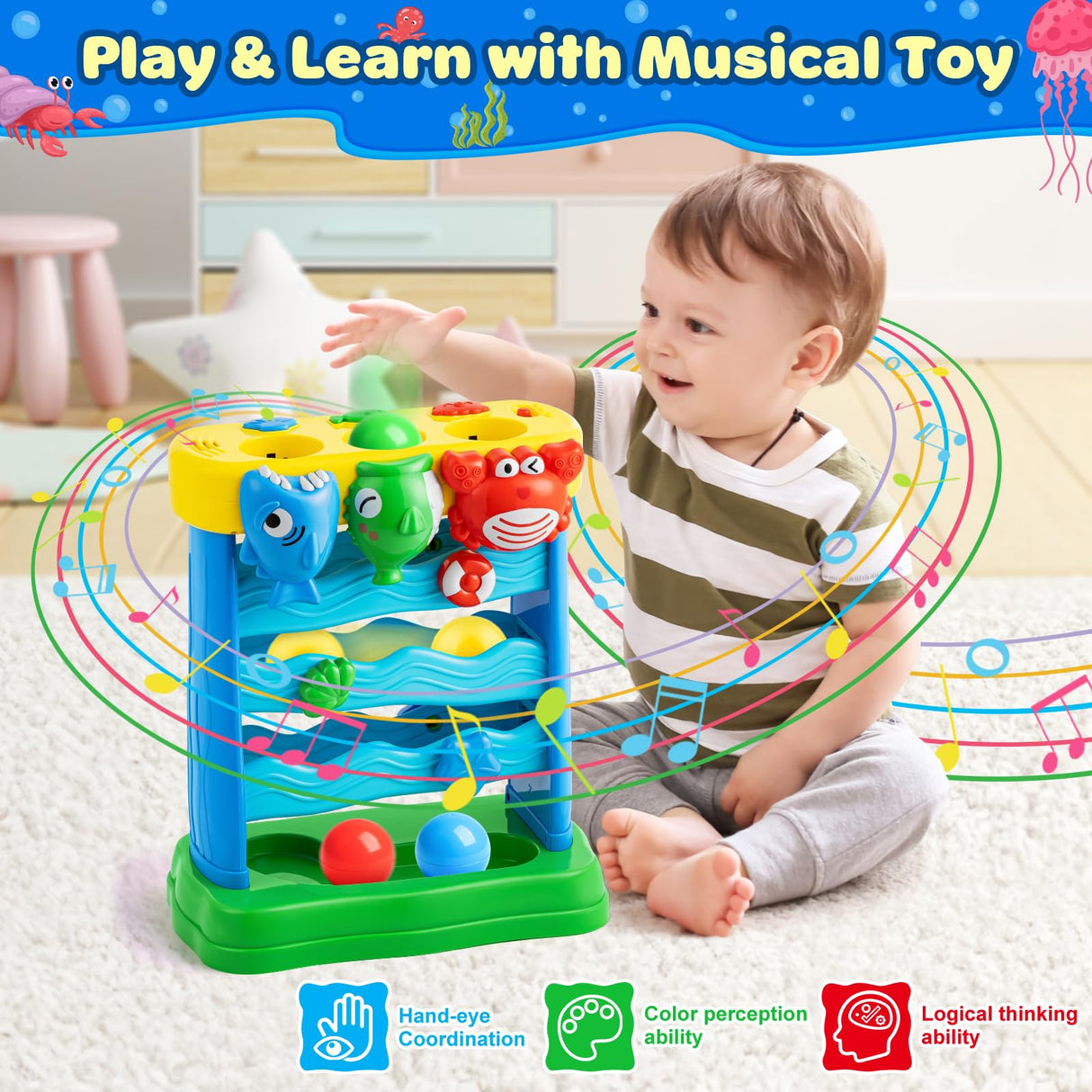 V-Opitos Musical Toys for 1, 2 Years Old Boys & Girls, Feeding Interactive Toys for Baby 12-18 Months, Montessori Education Toys, Perfect Toddler Christmas Birthday Gifts