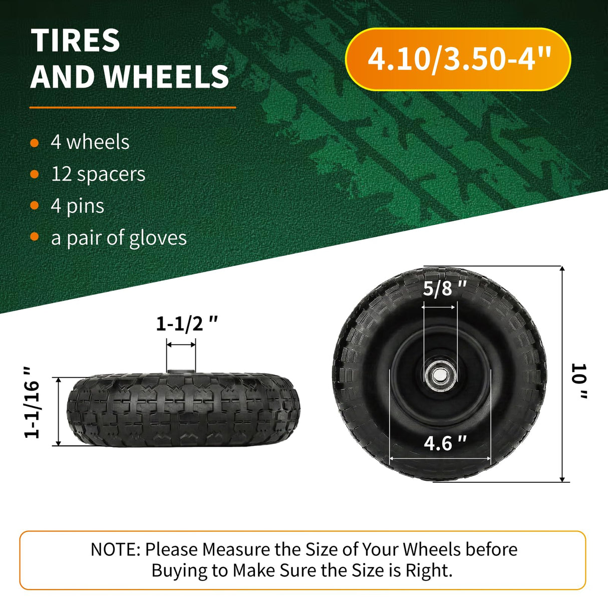 10 Inch Solid Dolly Tire Wheels, 4.10/3.50-4, 5/8" Axle, 4 Packs, Black