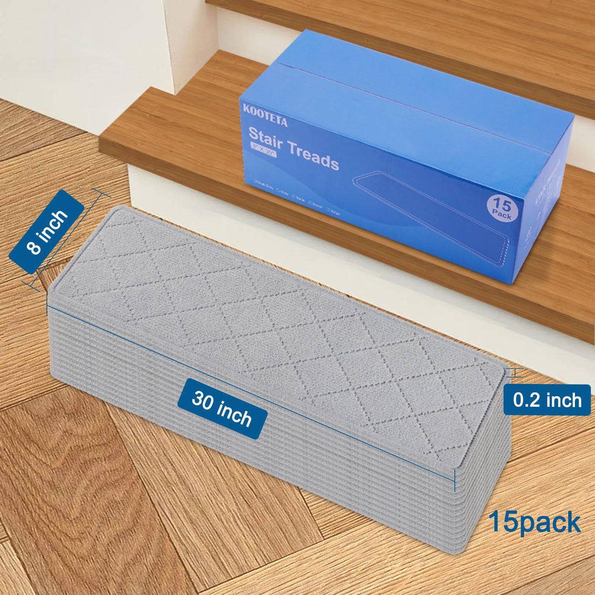 Stair Treads for Wooden Steps Indoor, KOOTETA 15 Pack 8" X 30" Non Slip Carpet Stair Treads with Reusable Adhesive for Kids Elders and Dogs, Surface Polyester TPR Backing Stair Rugs, Grey