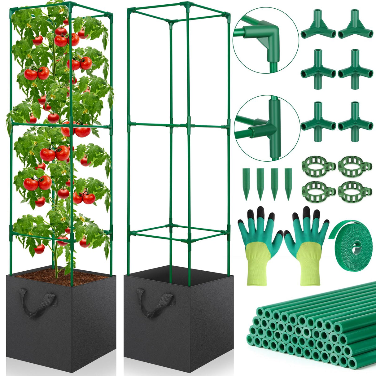 2 Pack Tomato Cages for Garden, 49 Inch Tall Tomato Cage with 7 Gallon Planter Bags, Plant Support Trellis Frames for Garden Cucumber Vegetables Plants Climbing Outdoor Indoor