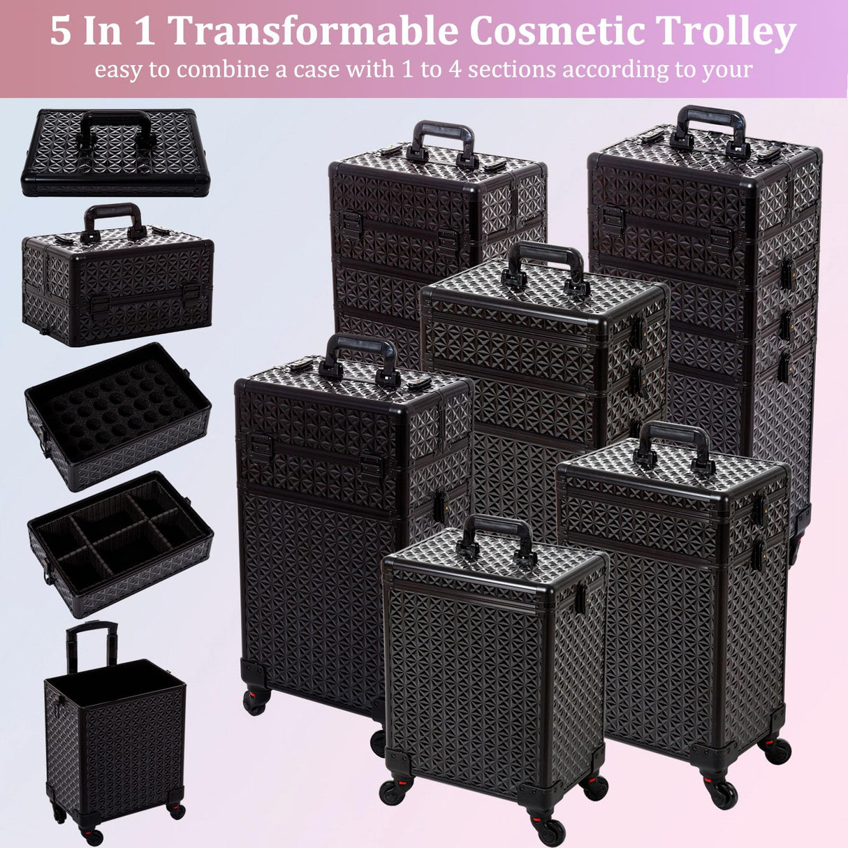 AROUS 5 in 1 Professional Makeup Train Case Aluminum Cosmetic Case Rolling Makeup Case Extra Large Trolley Makeup Travel Organizer, with 360° Swivel Wheels,Black