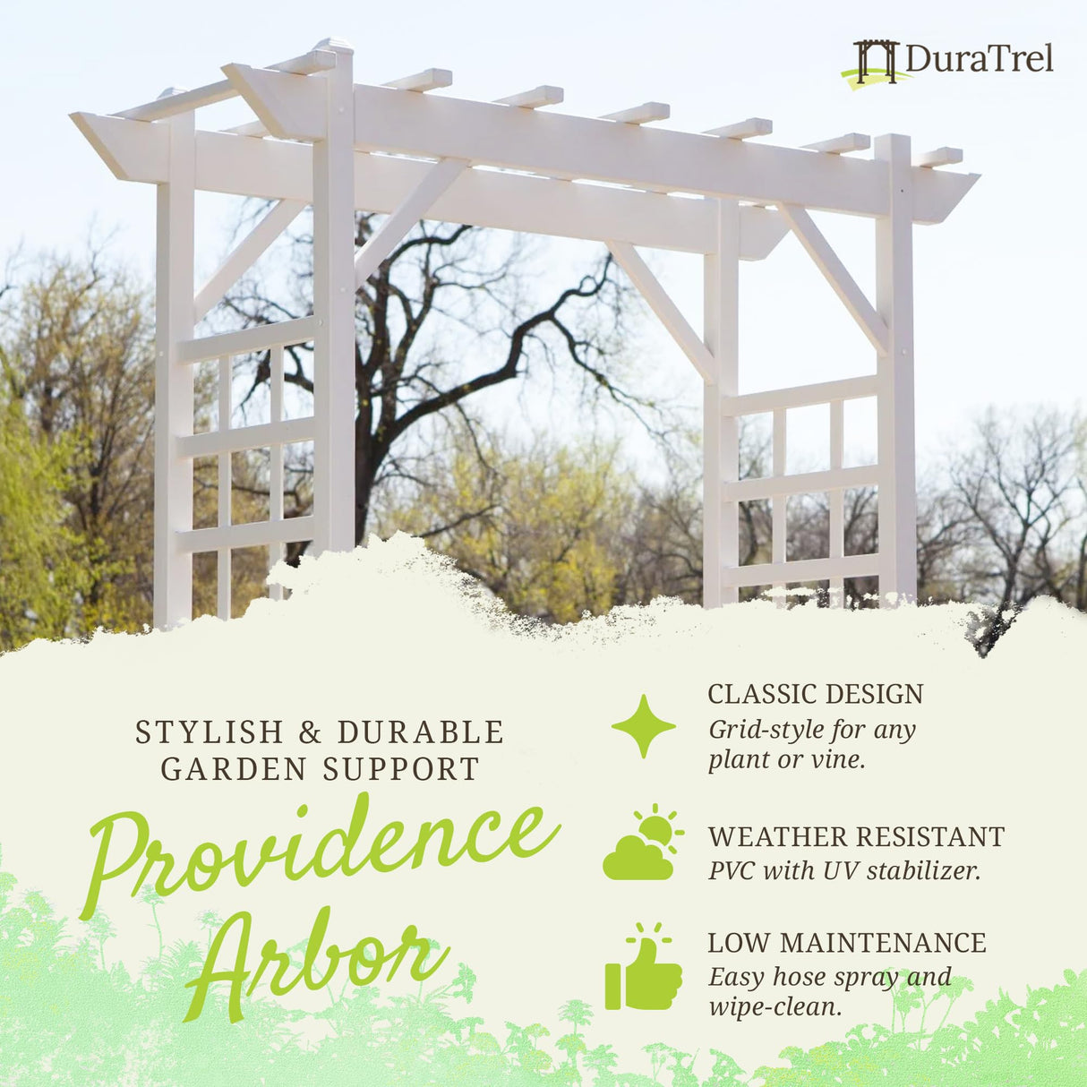 Dura-Trel Providence Arbor, Vinyl Garden Archway for Outdoors, 64" x 85", White - Backyard Decorative Arch and Backdrop with Lattice Design and Trellis Sides for Climbing Plants, Vines and Flowers