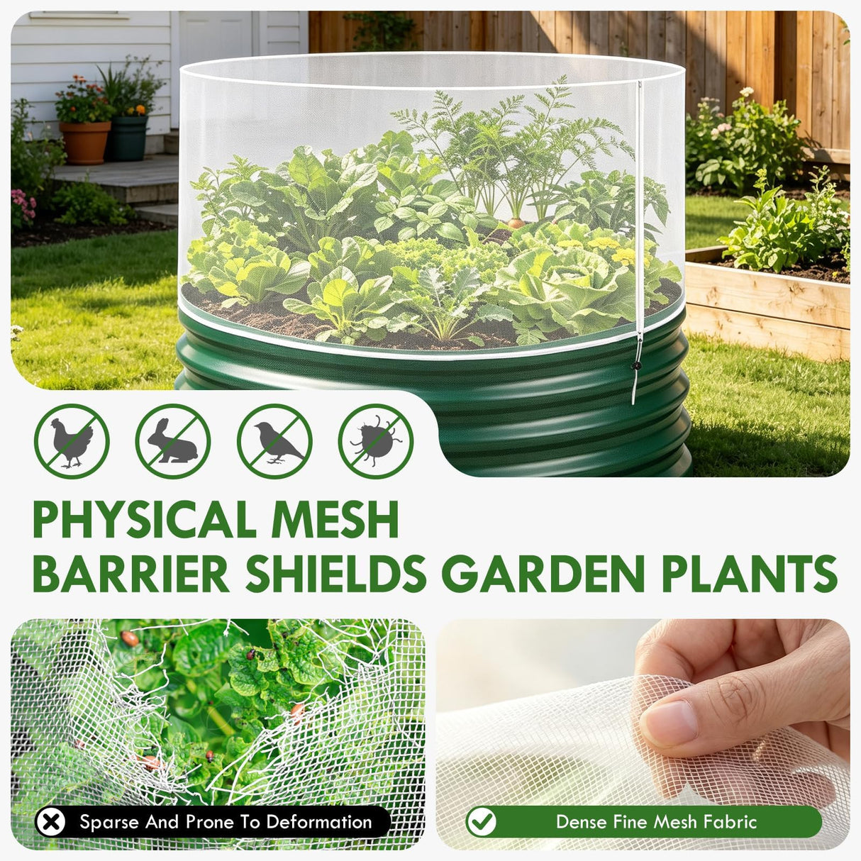 2 Pcs Garden Netting for Raised Beds for 2 FT Dia x 1 FT H Round Raised Beds Fine Mesh Plant Protection Covers with Drawstring & Zipper for Vegetables Herbs Flowers Seedlings