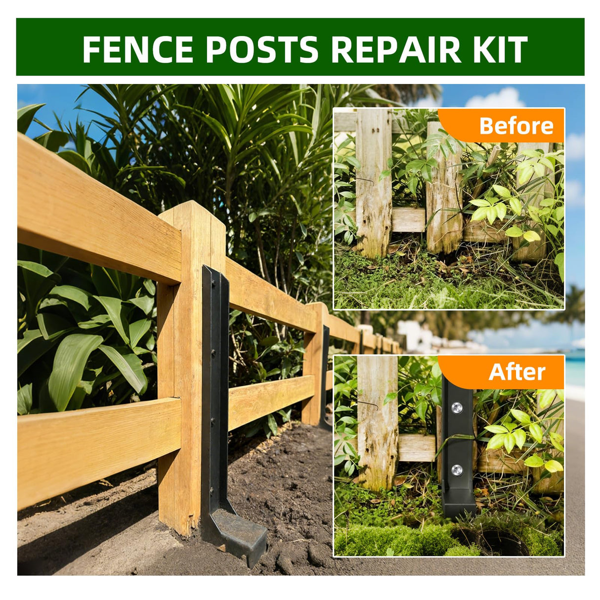 5PCS Fence Post Repair Kit, Heavy Duty Fence Posts Repair Stakes for Fix Wooden Broken Posts, Repair Tilted