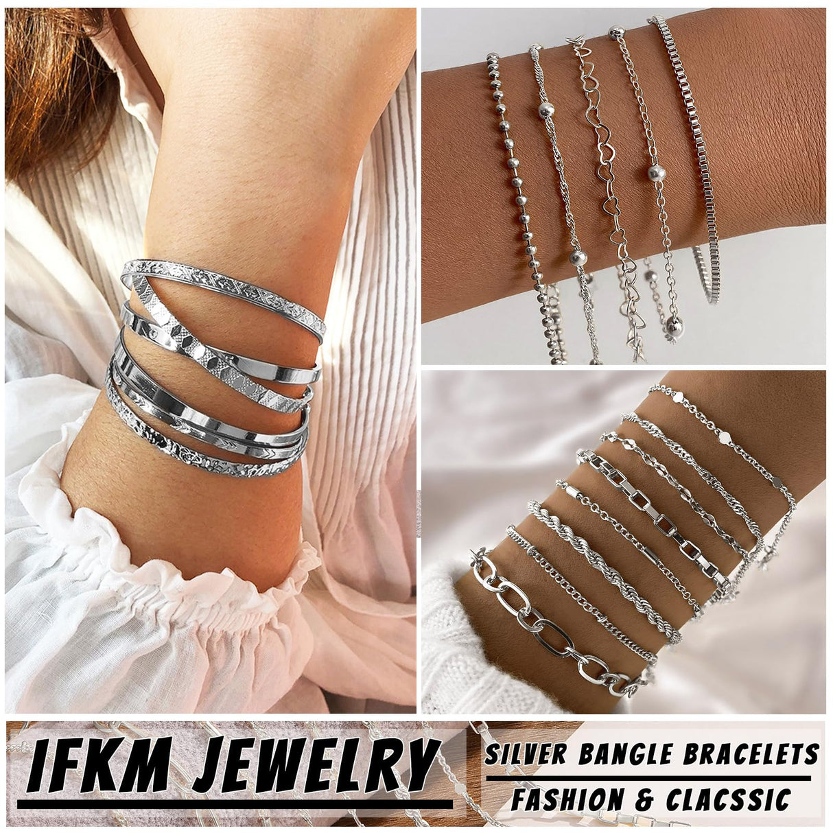 IFKM 5 PACK (35 PCS) Silver Chain Bangles Bracelets Set for Women, Silver Multiple Layered Stackable Open Cuff Bangle Anklet Bracelet Trendy Elegance Link Beads Italian Boho Cuban Jewelry for Women Gift