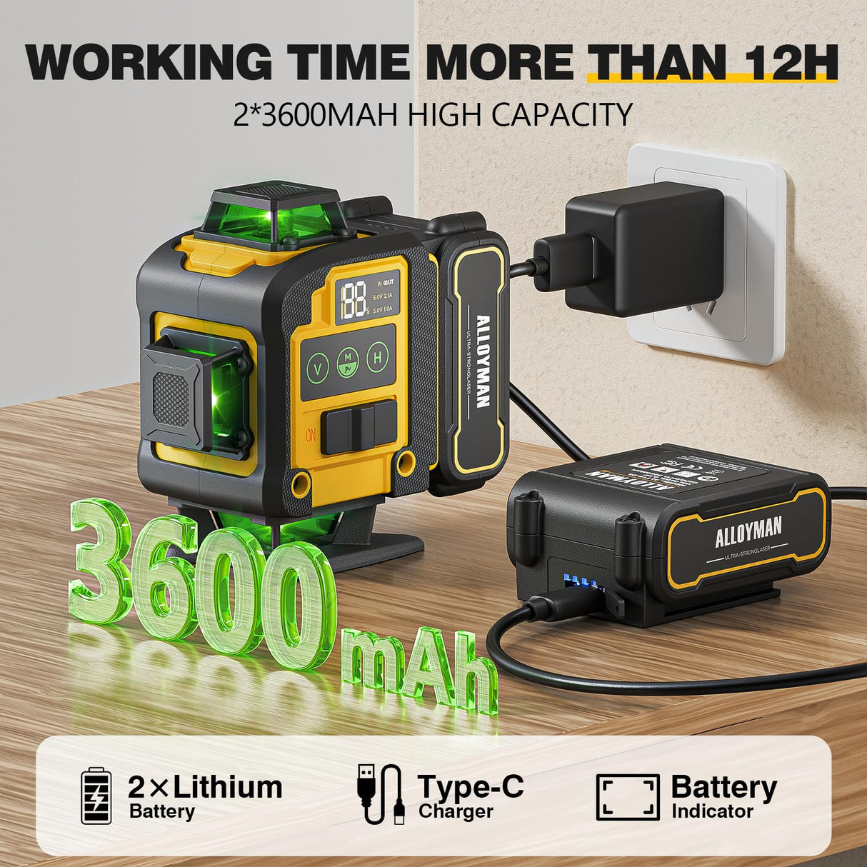 Laser Level with Tripod, Alloyman 4x360° Self Leveling Laser Level, Green Line Laser 4D Laser Leveler Tool with 2Pcs Lithium Batteries for Picture Hanging, Tile, Home Renovation, Indoor