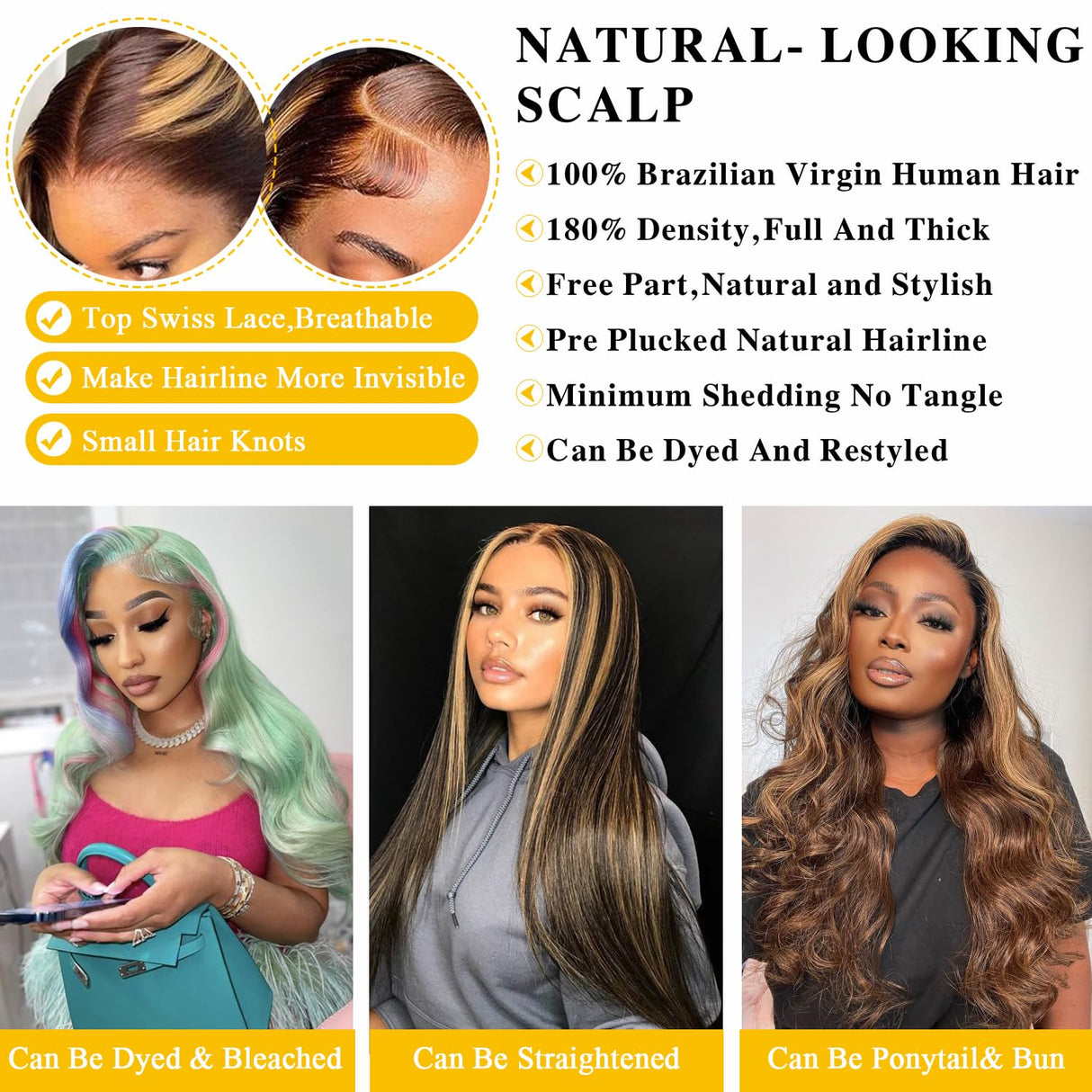 Honey Blonde Lace Front Wig - Human Hair, 13x6 HD Body Wave Highlight Ombre Lace Frontal Wig, Pre Plucked With Baby Hair, 180% Density, Glueless, 30inch