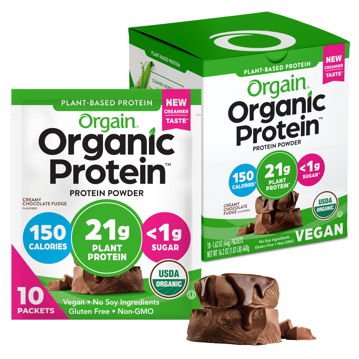 Orgain Organic Vegan Protein Powder, Creamy Chocolate Fudge - 21g Plant Protein, 6g Prebiotic Fiber, Low Carb, No Lactose Ingredients, No Added Sugar, Non-GMO, For Shakes & Smoothies, 10 Travel Packs