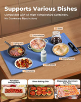 Warming Mat for Food - Space-Saving, Fits Two Baking Dishes, 7 Temp Settings, 4h Auto Shut-Off, Durable Silicone Surface, Easy to Clean, Perfect for Parties and Everyday Use (Blue, Medium)