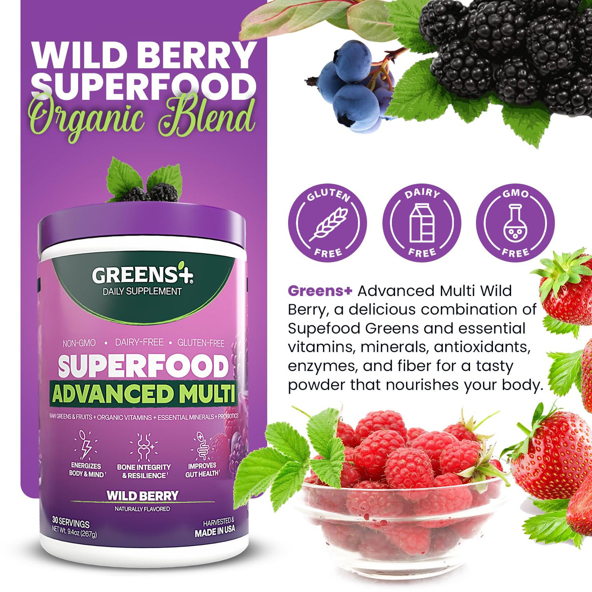 Greens+ Advanced Multi Wild Berry Superfood Powder, Organic Blend, Vegan, Non-GMO, Soy-Free, Dairy-Free, Gluten-Free, Dietary Supplement with Vitamins & Minerals, 9.4 oz