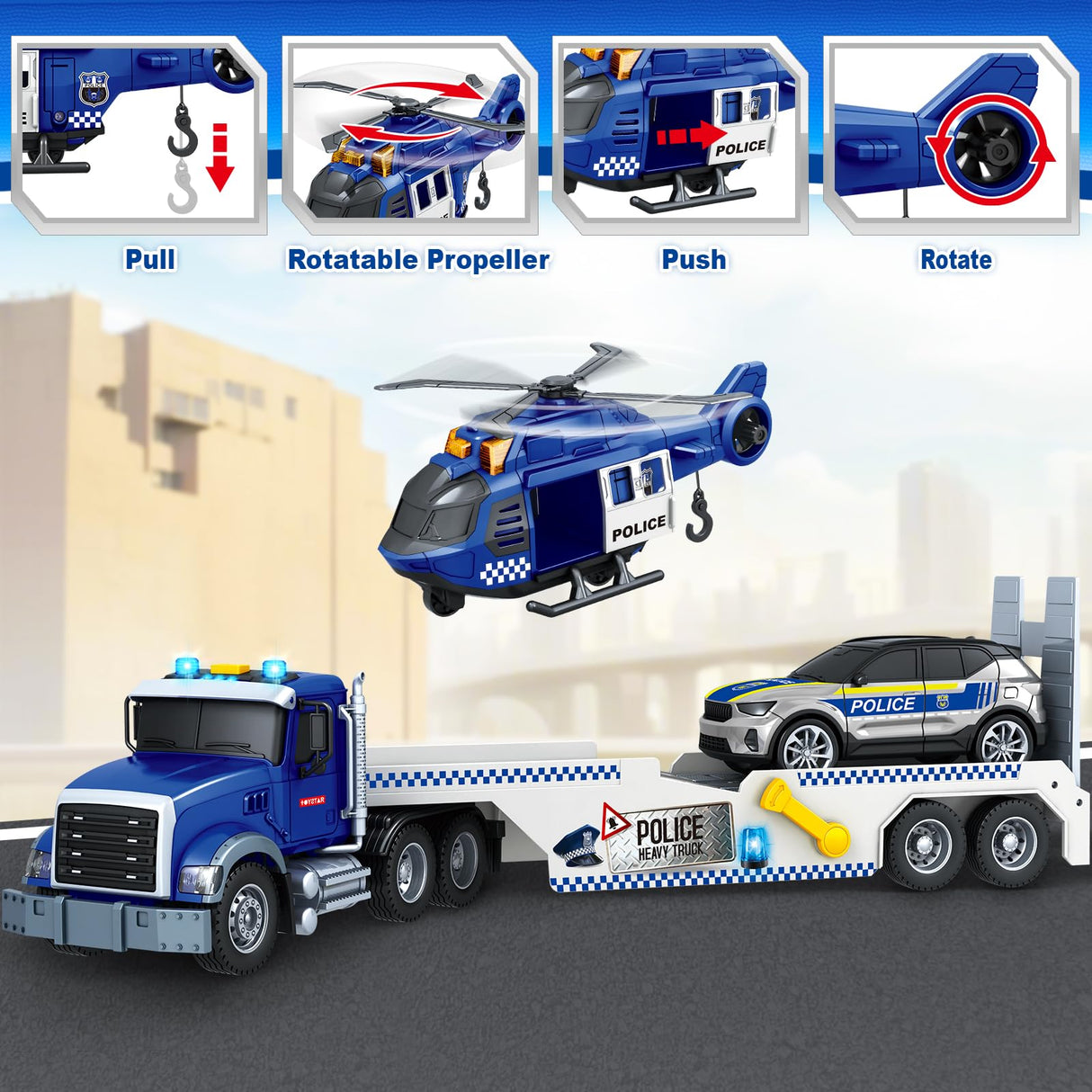 Kids Toys for 3 4 5 6 7 8 Years Old Boys, 20.5" Police Truck Toy with Racing Car and Helicopter, Toddler Friction Powered Truck Vehicle Toy with Lights, Sounds for Boys Girls Christmas Birthday Gifts