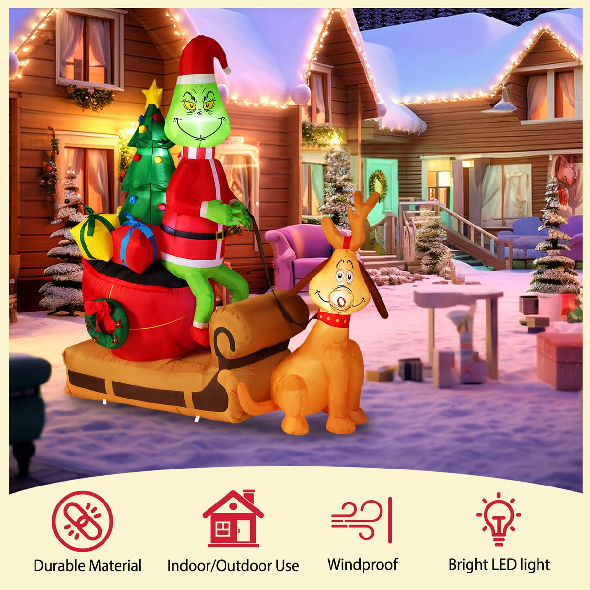 7FT Christmas Inflatable Outdoor Decoration, Green Monster and Dog Max on Sleigh with LED Lights Blow Up Yard Decorations Outdoor Lawn Garden Christmas Inflatable Decorations