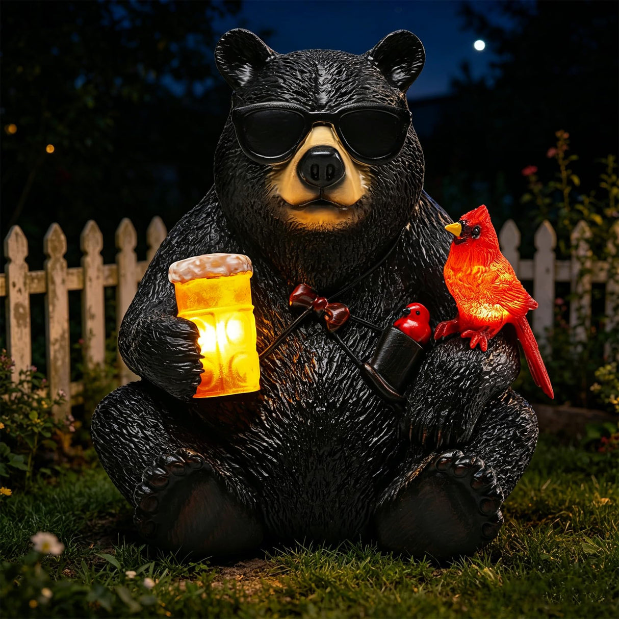 YHSOLAR Solar Black Bear Statue for Garden with Beer and Cardinals 6.3" Resin Garden Statues for Outside Yard Paito Porch Decor Birthday Gardening Gifts for Women Mother Sister Grandmother Wife