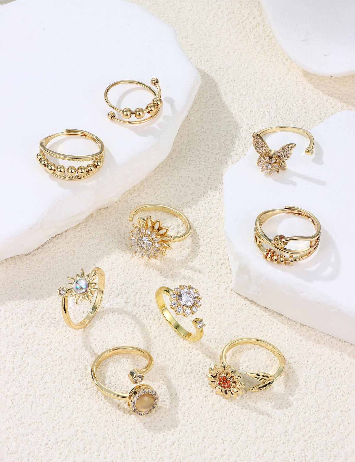MILACOLATO 14K Gold Plated 9Pcs Fidget Ring for Women Anxiety Ring Set