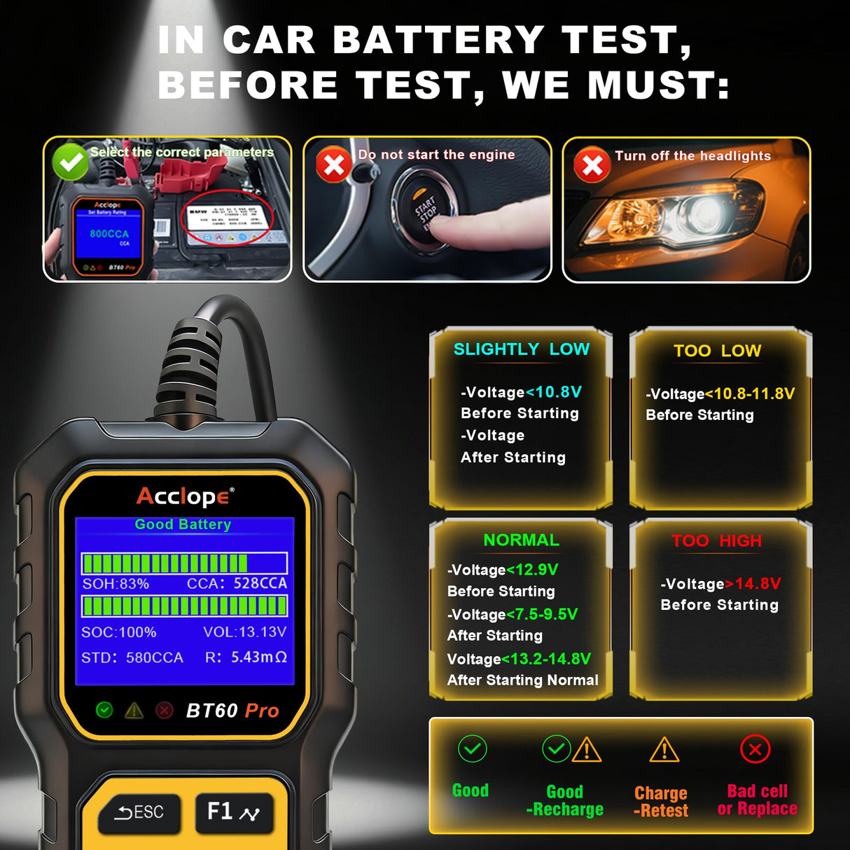 Acclope BT60 Pro Car Battery Tester, Digital Analyzer with Cloud Printing, 100-3000 CCA Range for 6V/12V/24V AGM, Lithium, Gel Batteries, Automotive Charging System