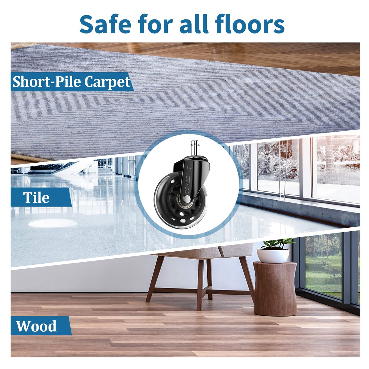 Office Chair Wheels Replacement, Transparent 3 Inch Heavy-Duty Computer Gaming Desk Rubber Casters,Smooth & Silence Gliding for All Floors Including Hardwood Carpet, Set of 5