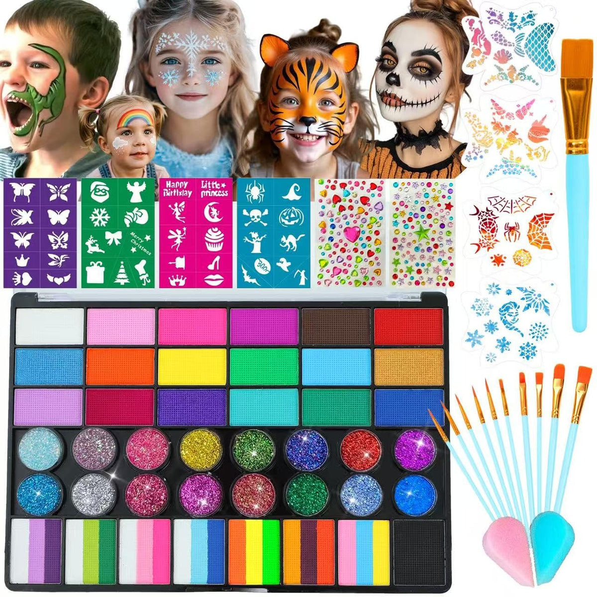 Face Painting Kit for Kids, 42 Colors Professional Face Paint Makeup Kit Non-Toxic Water Activated Facepaint Palette with Brush, Stencil, Sponge, Gem, for Party Halloween Christmas (42 Colors)