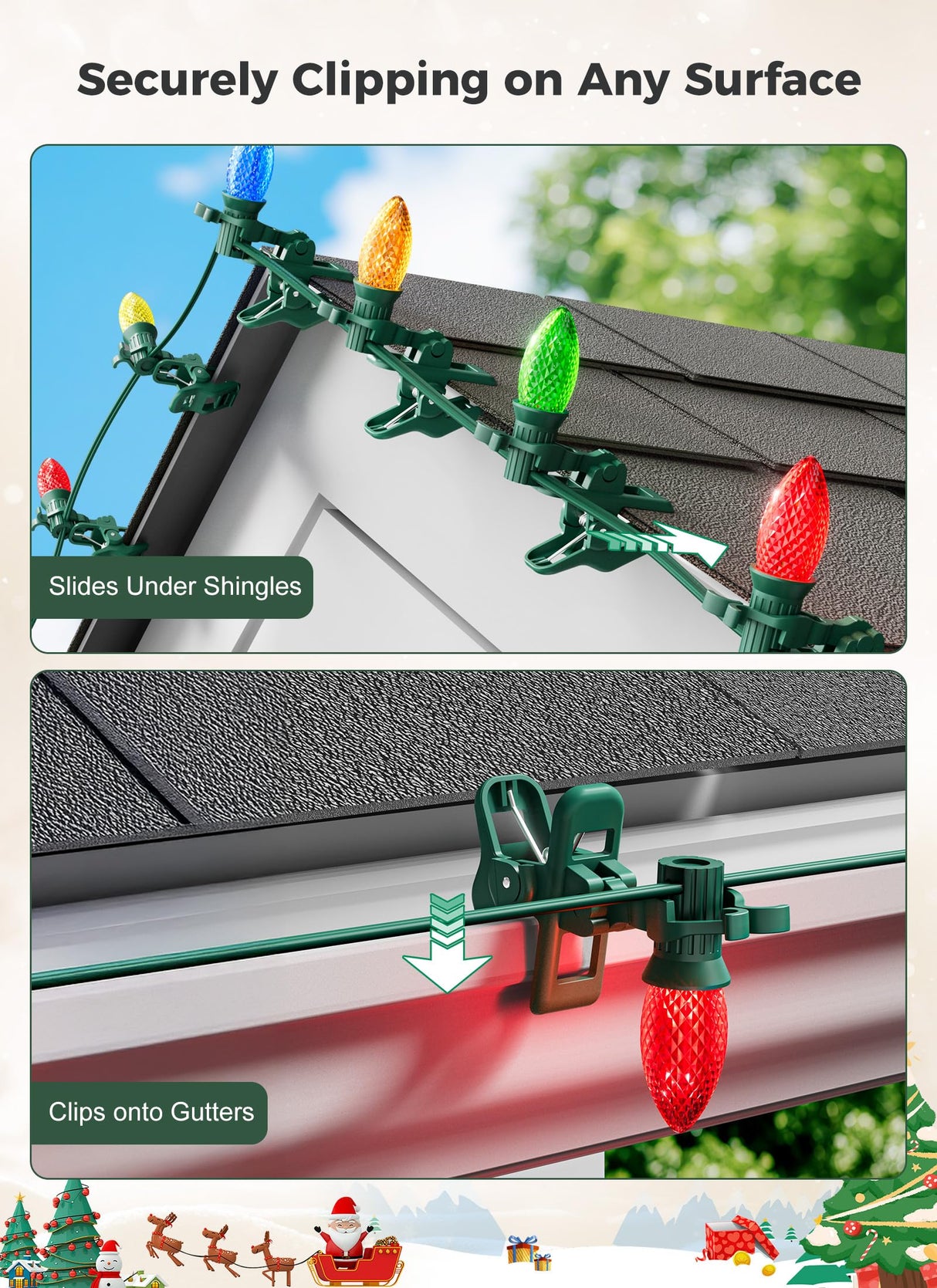C7 C9 Christmas Lights Spring Clips, 100 Count Holiday Lights Quick Spring Clips, Shatterproof Shingle and Gutter Clips for E12, E17Socket, Rope Lights Roofline Fence Railing Mantel Christmas Trees